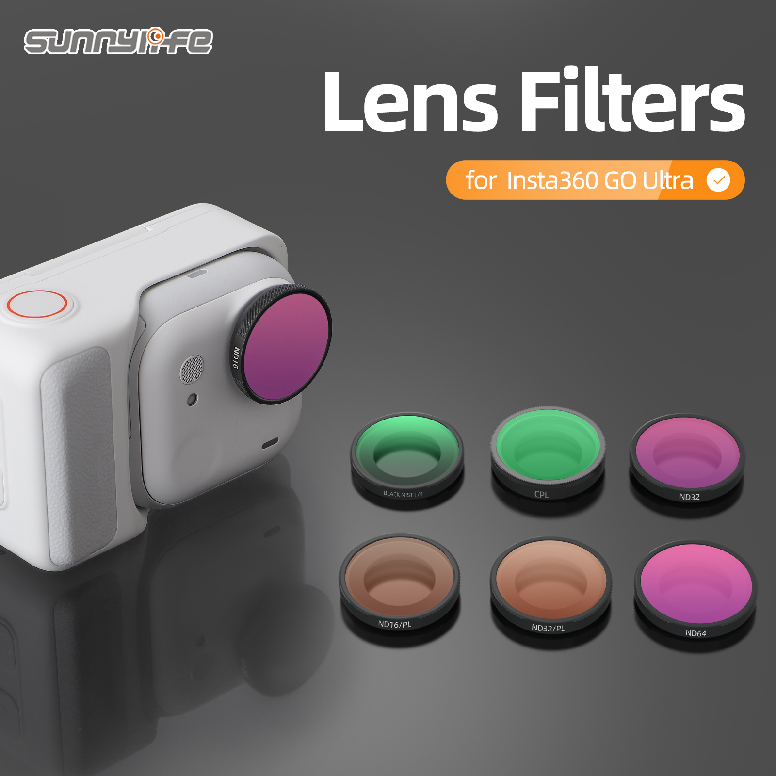 Sunnylife Lens Filters Aluminum Alloy Adjustable CPL Filters BLACK MIST 1/4 ND64/PL  MCUV Accessories for Insta360 GO Ultra