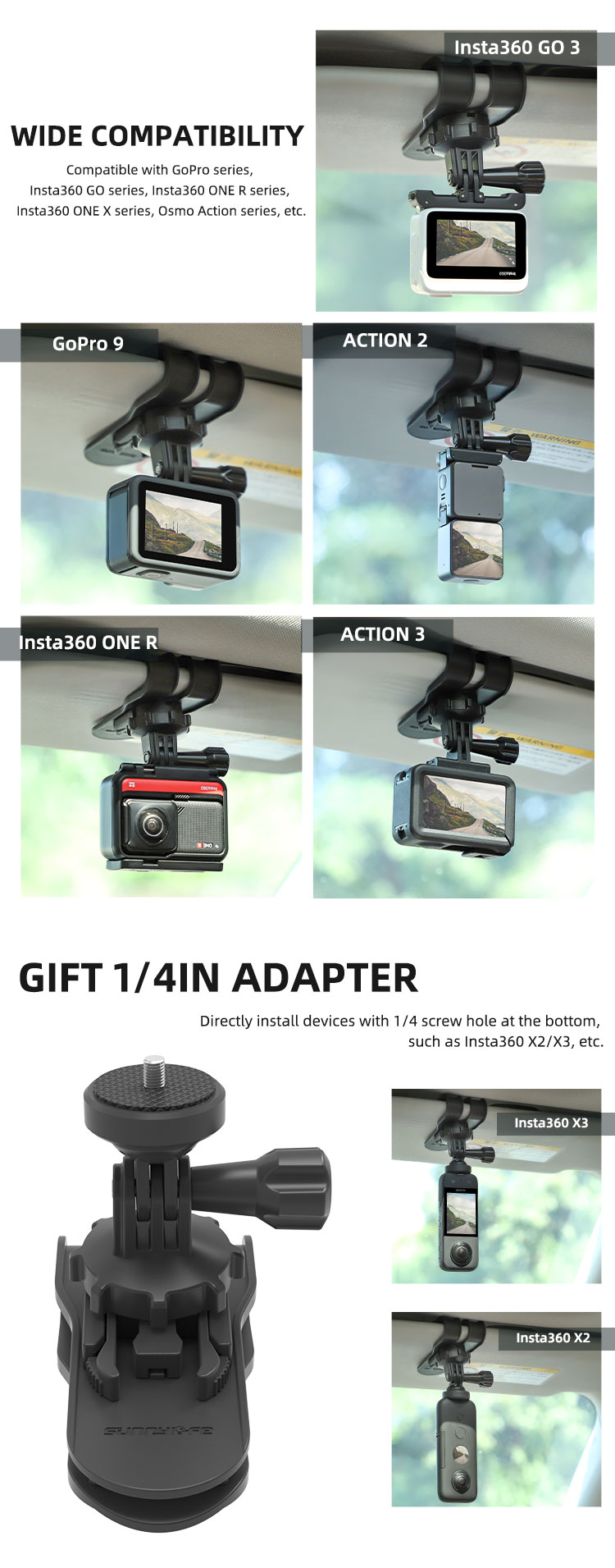 Sunnylife Car Sun Visor Mount Action Camera Holder Cell Phone Vlog
