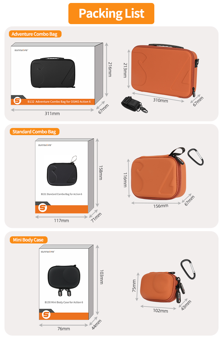 Sunnylife Portable Carrying Case Mini Standard Combo Bag Adventure Combo Bags Handbag Accessories for OSMO ACTION 6