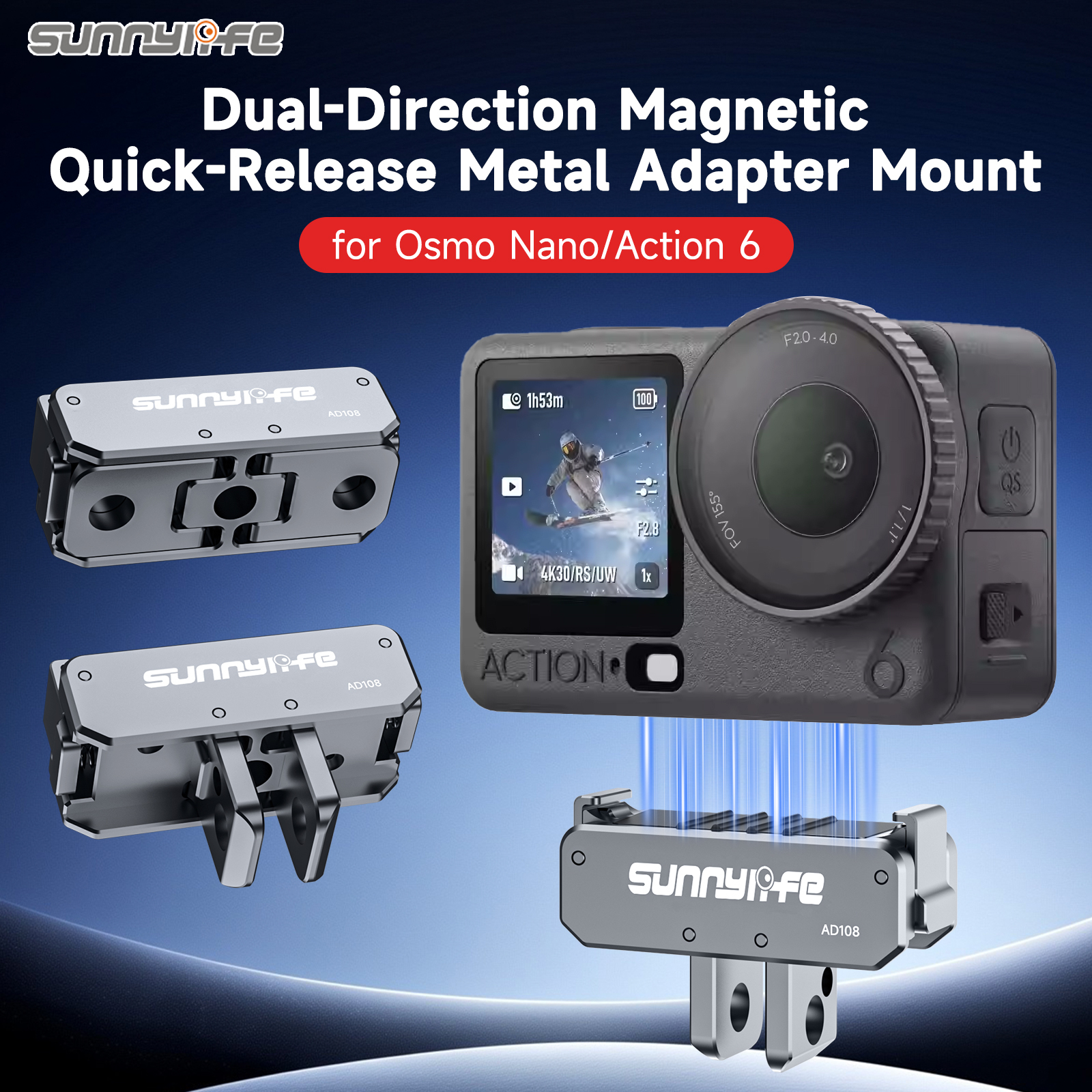 Sunnylife  Dual-Direction Magnetic Quick Release  Metal Adapter Mount Action Camera Cam Stand 1/4" Adapter for OSMO Nano/Action 6
