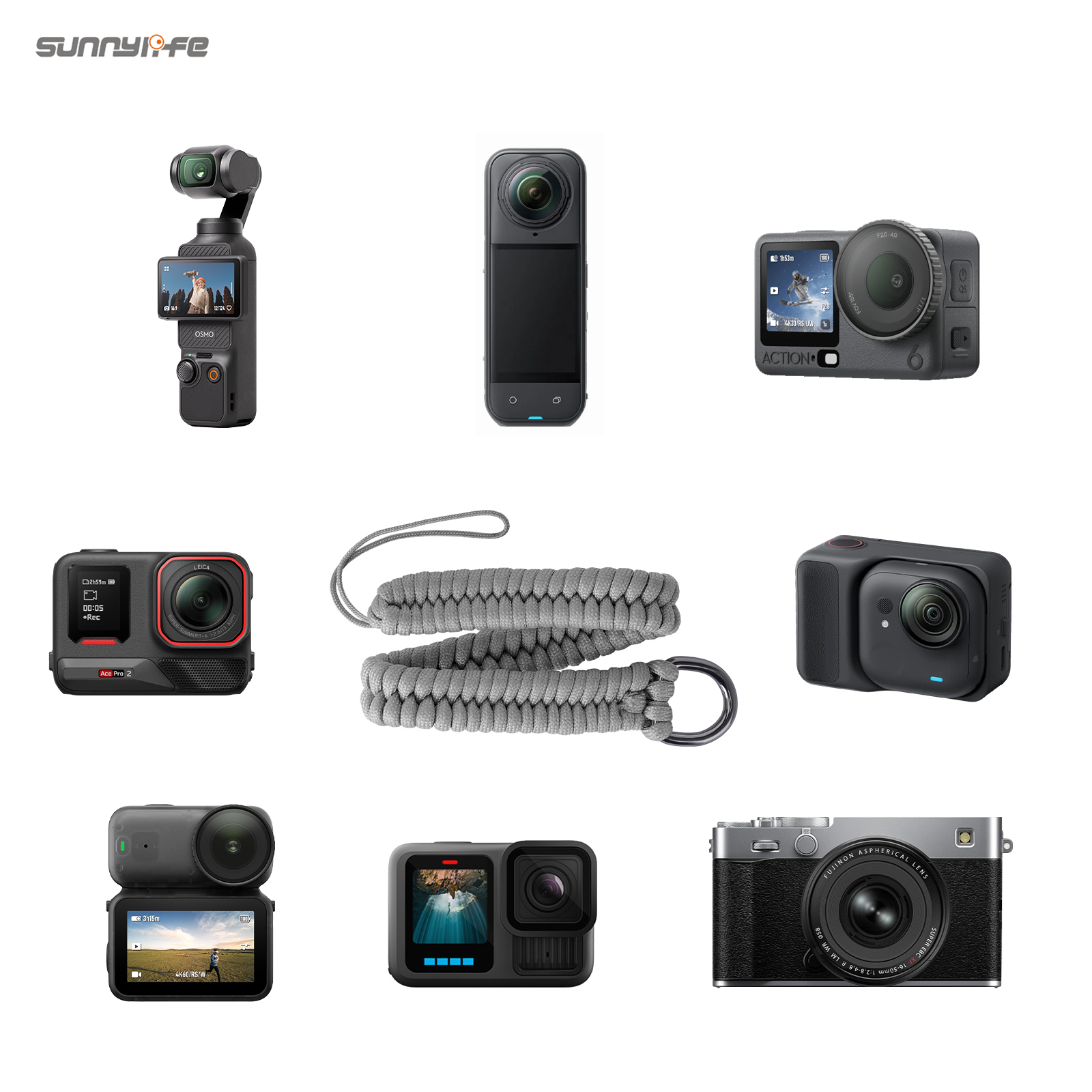 Sunnylife Universal Wrist Strap 1/4" Carbon Steel Screw Buckle Adjustable Wrist Lanyard Braided Safe Rope for Action Camera
