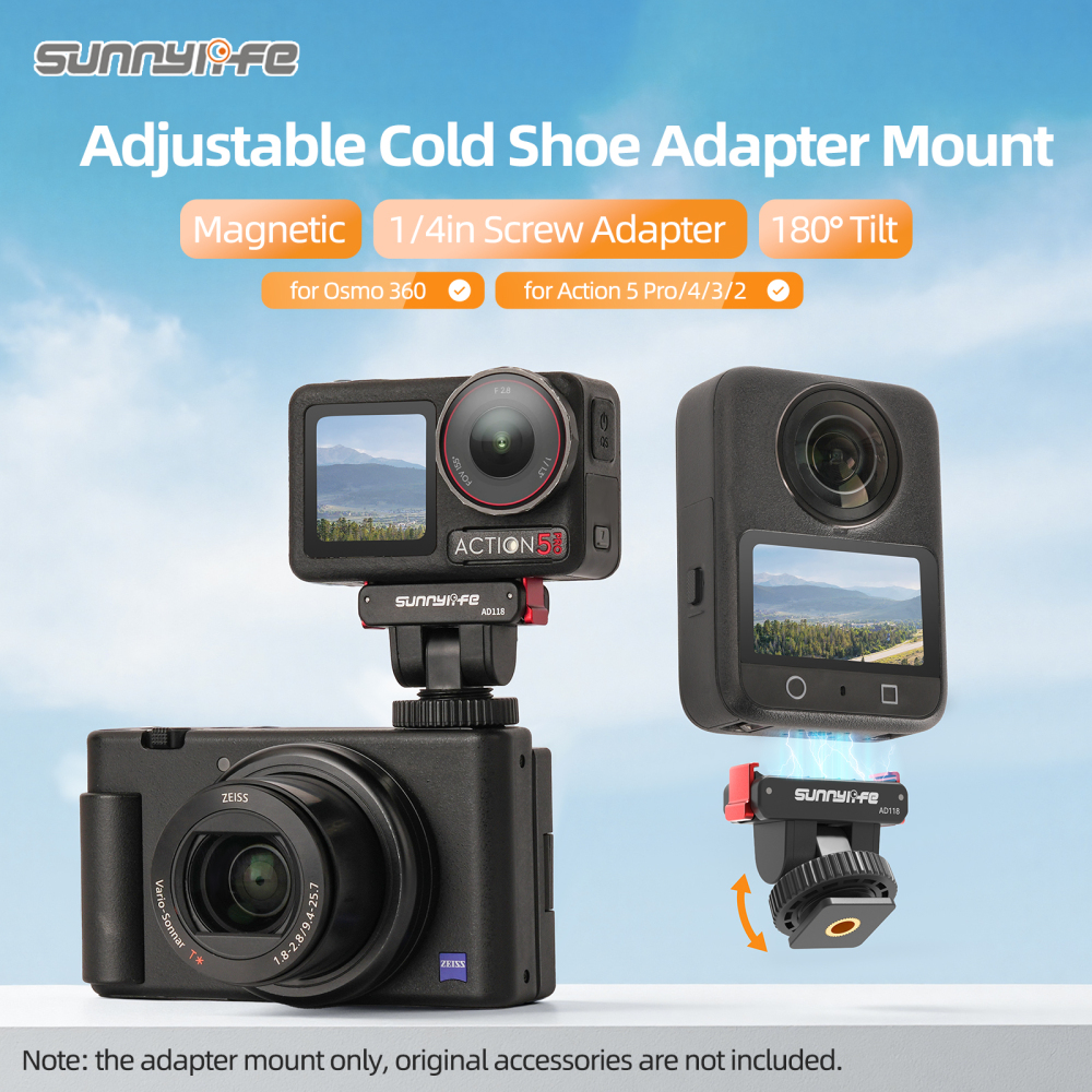 Sunnylife Cold Shoe Magnetic Quick Release Adapter Mount 1/4” 180° Tilt Adjustable Selfie Stick Adapter Stand for Osmo 360/Action 5 Pro/4/3/2