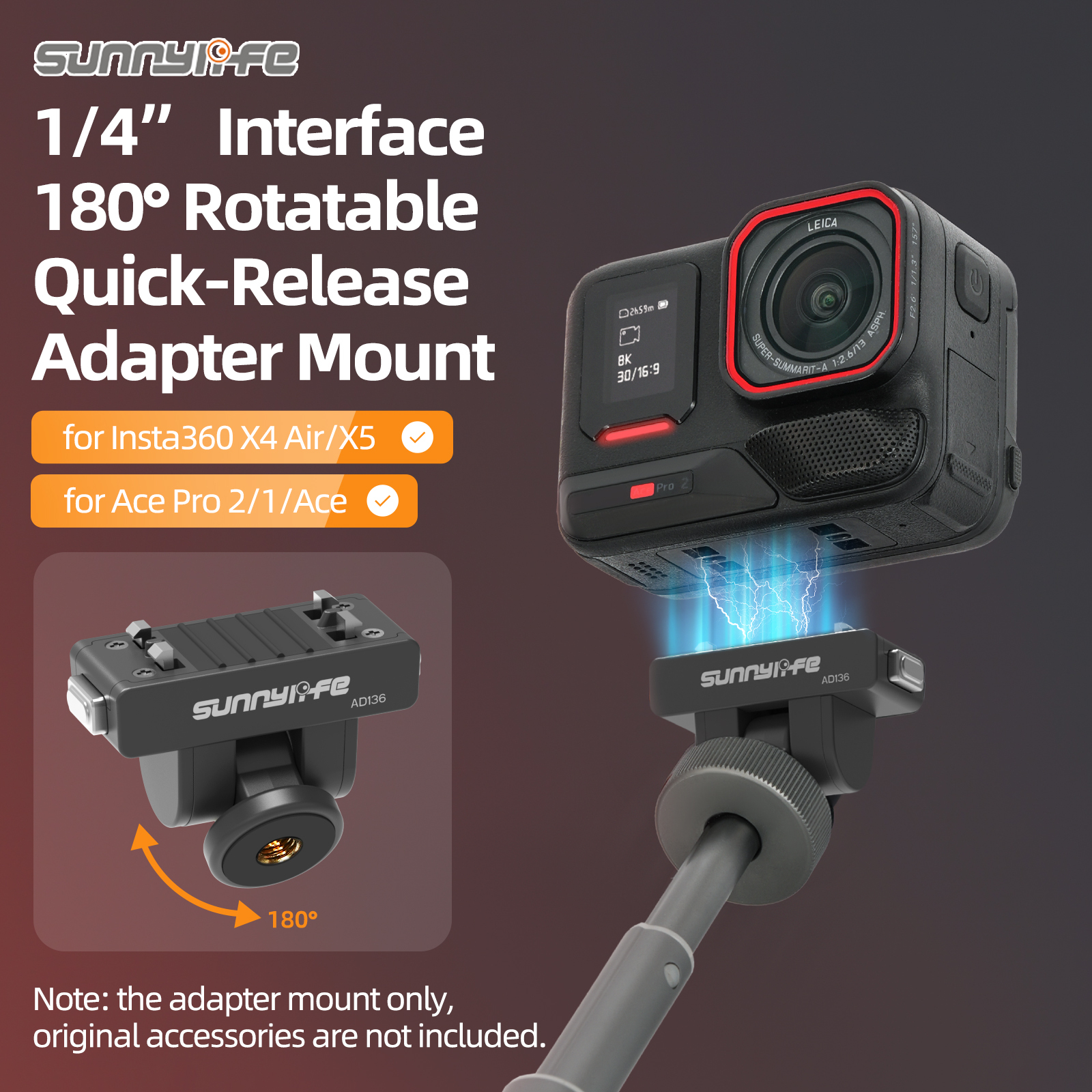 Sunnylife Magnetic Quick Release Adapter Mount 1/4” 180° Tilt Adjustable Selfie Stick Adapter Stand for Insta360 X4 Air/X5//Ace Pro 2/1/Ace