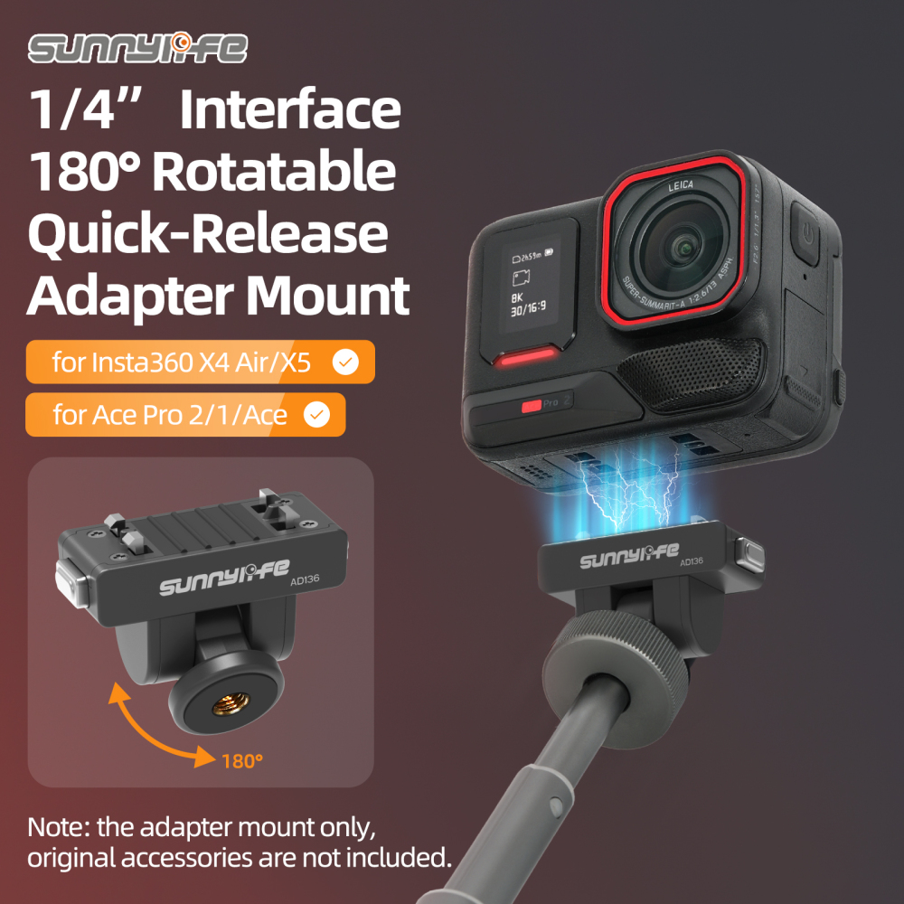 Sunnylife Magnetic Quick Release Adapter Mount 1/4” 180° Tilt Adjustable Selfie Stick Adapter Stand for Insta360 X4 Air/X5//Ace Pro 2/1/Ace