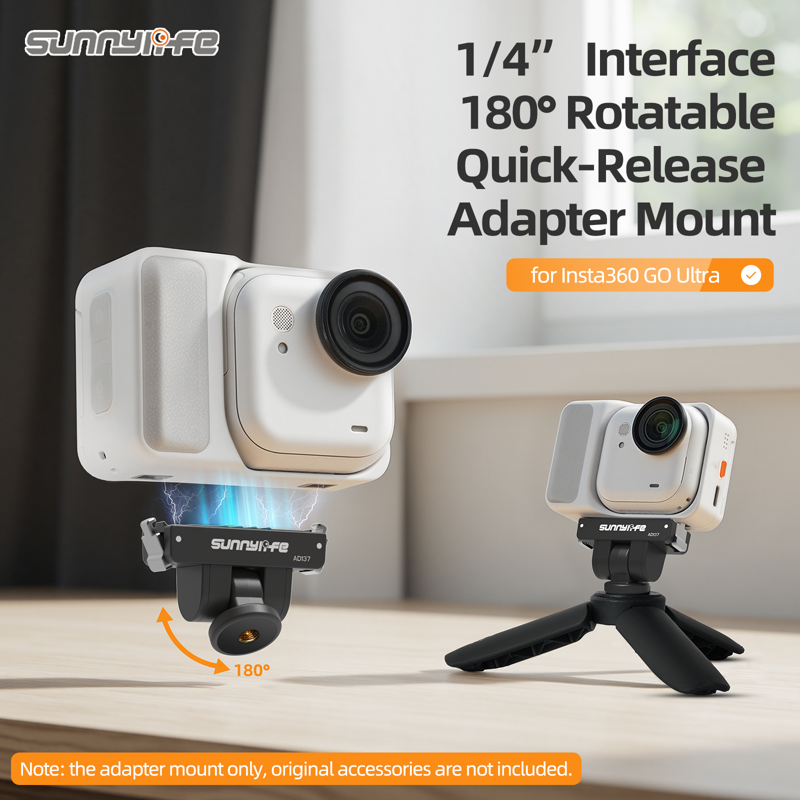 Sunnylife Magnetic Quick Release Adapter Mount 1/4” Interface 180° Tilt Adjustable Selfie Stick Adapter Stand for Insta360 GO Ultra