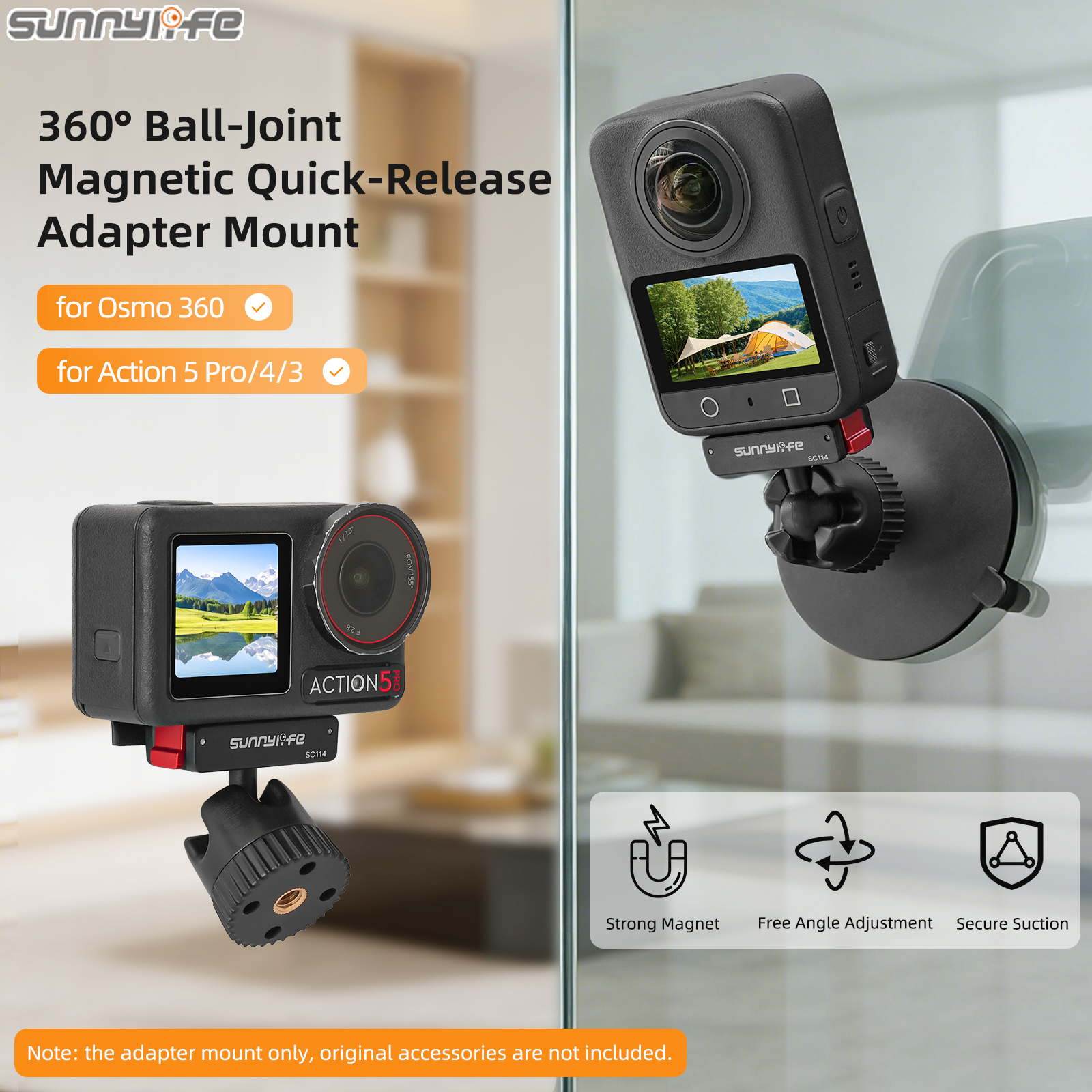 Sunnylife Magnetic Quick-Release Ball-Joint Adapter Mount  360° Rotatable Suction Cup Bracket for Osmo 360/Action 5 Pro/4/3