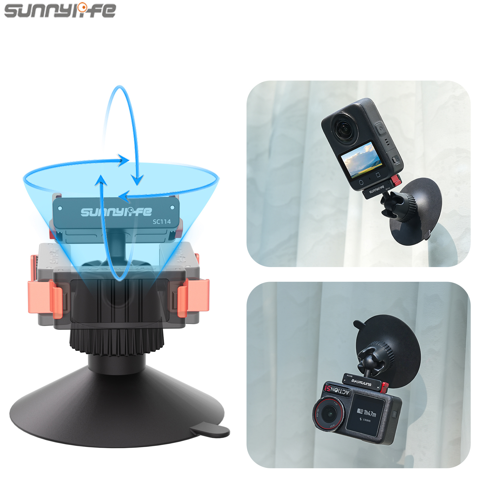 Sunnylife Magnetic Quick-Release Ball-Joint Adapter Mount  360° Rotatable Suction Cup Bracket for Osmo 360/Action 5 Pro/4/3