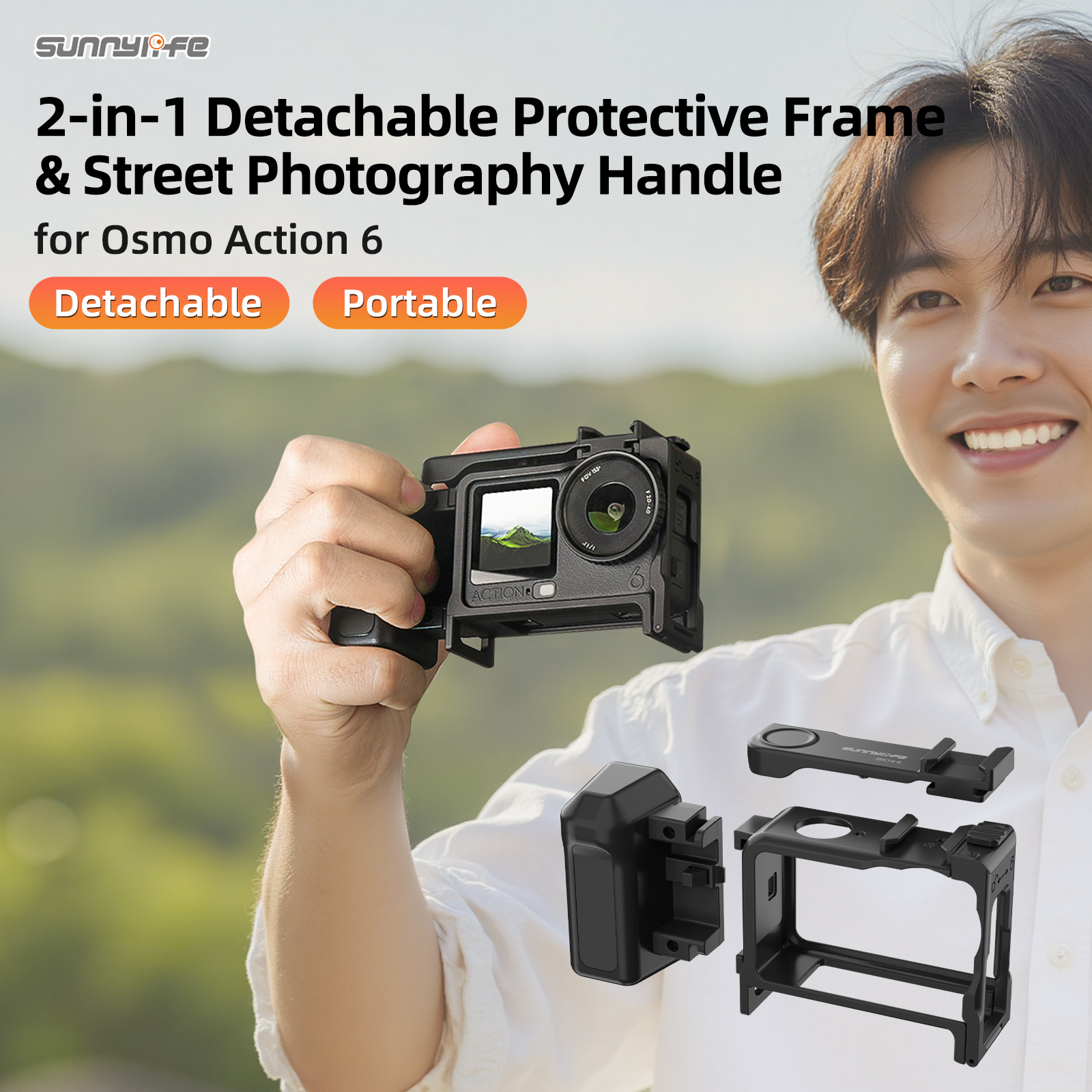 Sunnylife 2-in-1 Detachable Protective Frame & Street Photography Handle Ergonomic Hand Grip Quick Release Shutter Handle for Osmo Action 6
