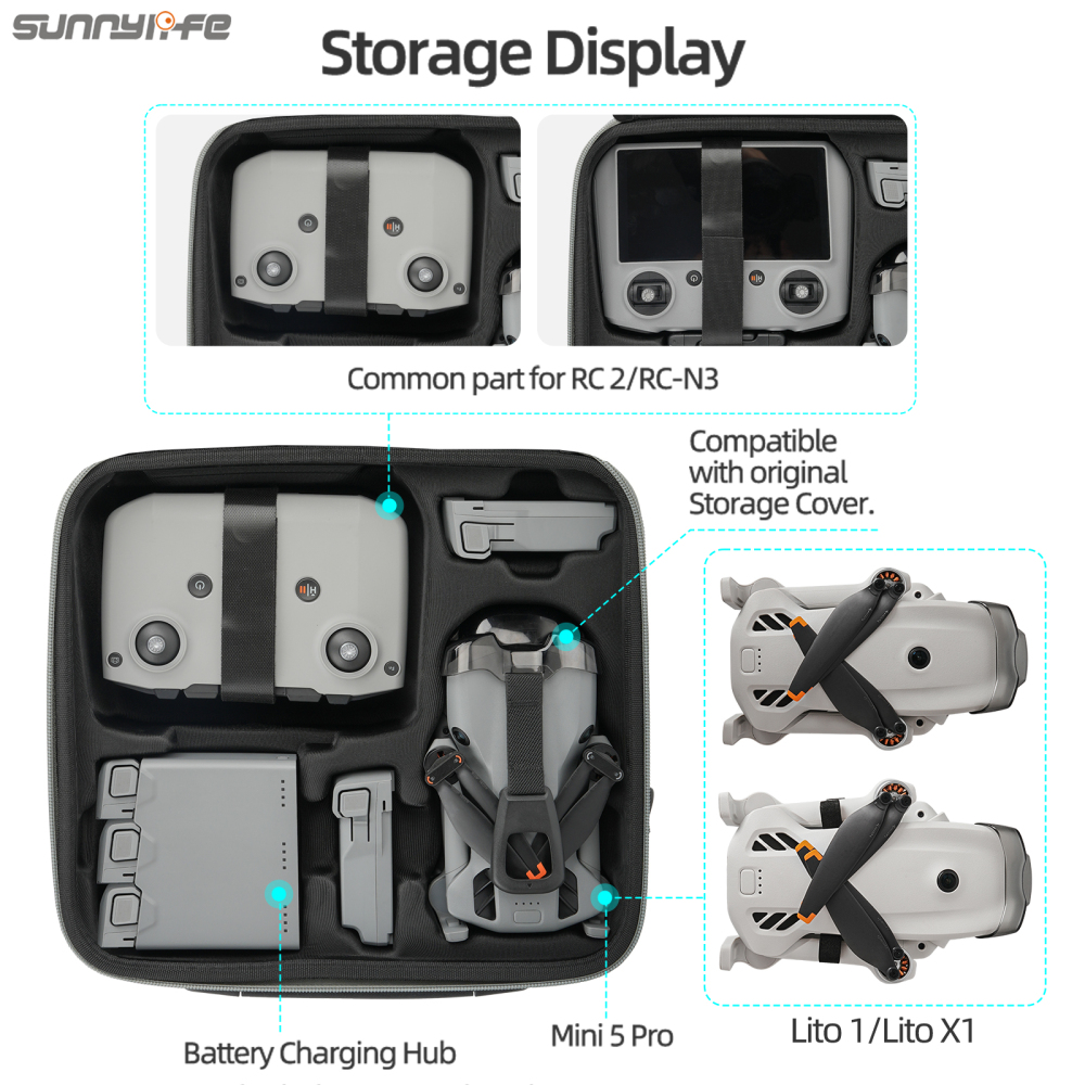 Sunnylife Carrying Case Combo Bag Drone Body Controller Bags Hard Travel Case Large Capacity Messenger Bag for Lito 1/X1/Mini 5 Pro