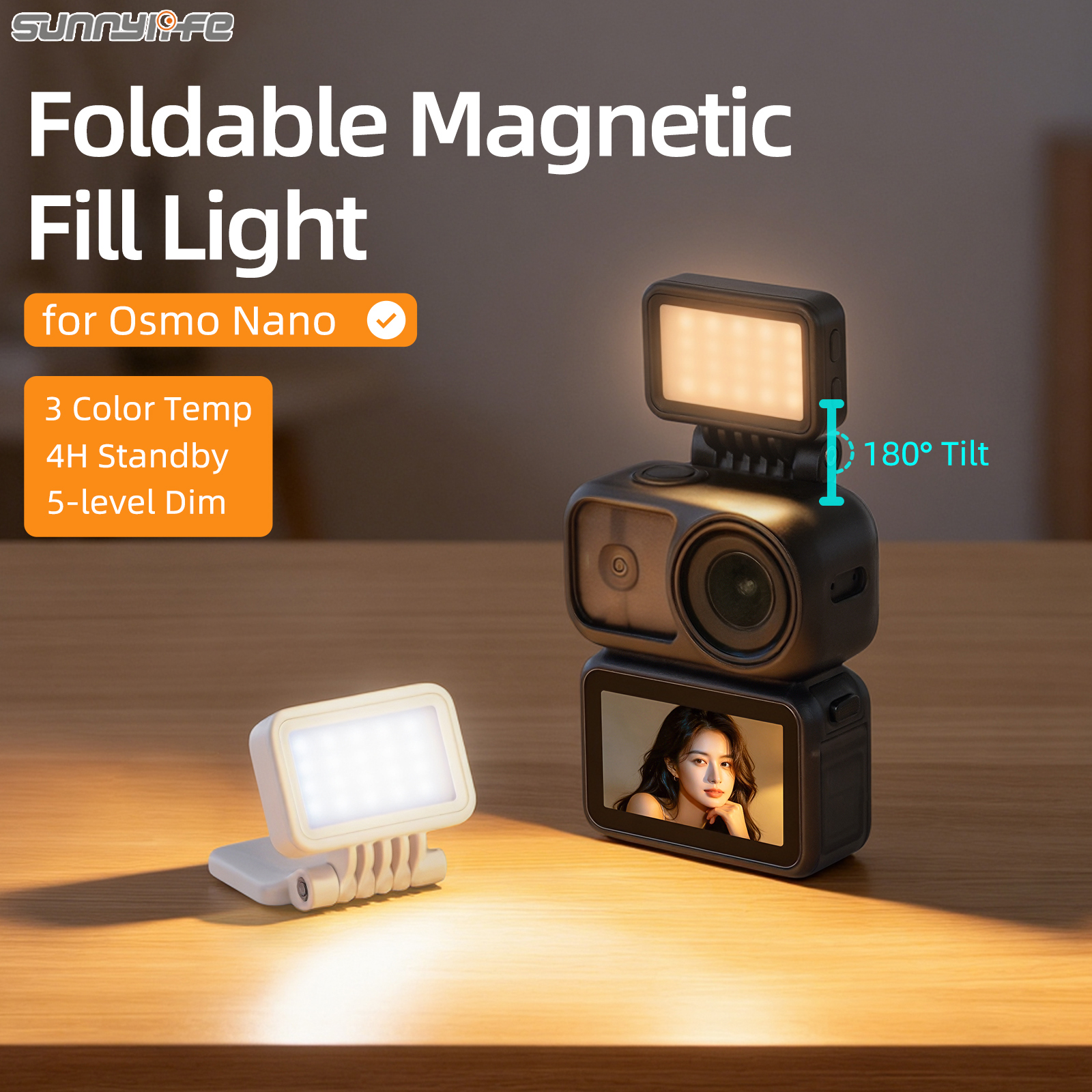Sunnylife Foldable Magnetic LED Video Light Adjustable Fill Light Tri-Color Dimmable Portable Fill Lamp Photography for Osmo Nano