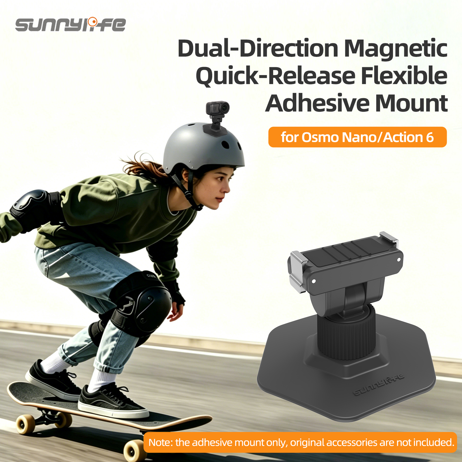 Sunnylife Dual-Direction Magnetic Flexible Adhesive Helmet Mount Base Quick-Release Action Camera Holder for Osmo Nano/Action 6