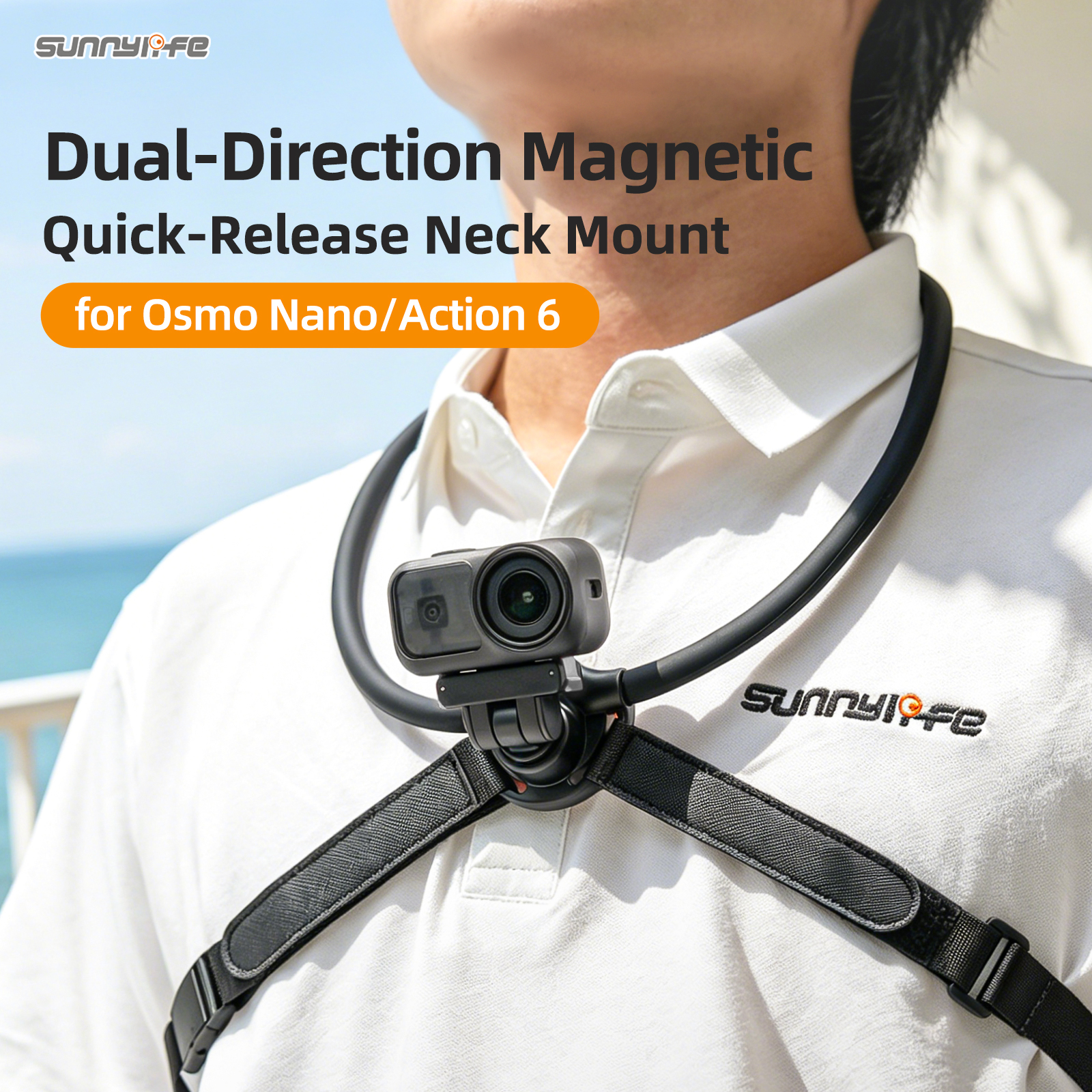 Sunnylife Magnetic POV Neck Mount Hand Free Video Vlog Neck Adjustable Selfie Holder with Body Strap for Osmo Nano/Action 6