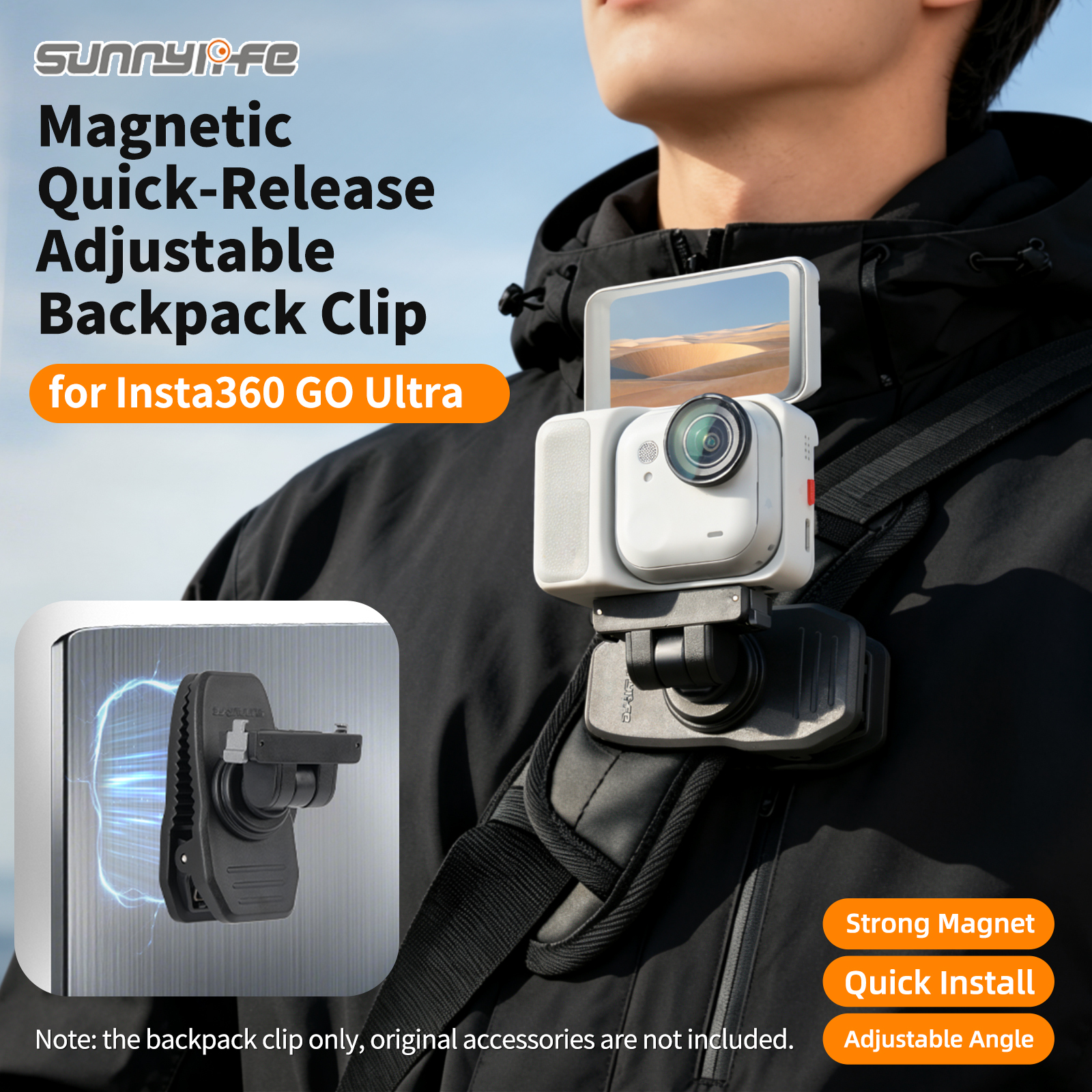 Sunnylife Magnetic Quick-Release Backpack Clip Action Camera Clamp Vertical-Horizontal Mount Accessories for Insta360 GO Ultra