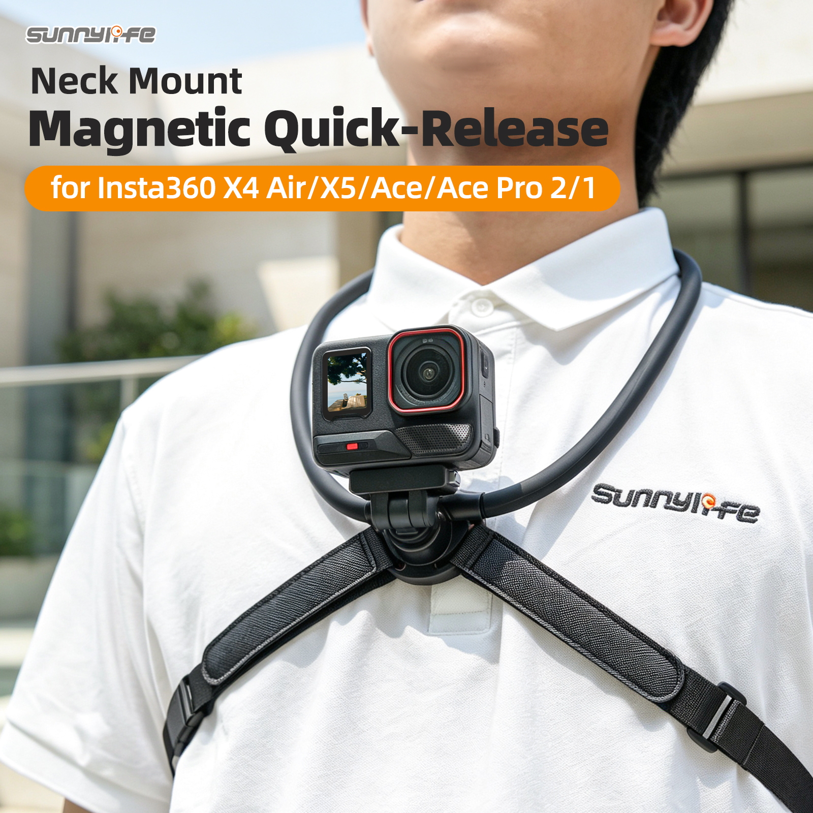 Sunnylife Magnetic POV Neck Mount Hand Free Video Vlog Neck Adjustable Selfie Holder with Body Strap for Insta360 X4 Air/X5/Ace/Ace Pro 2/1