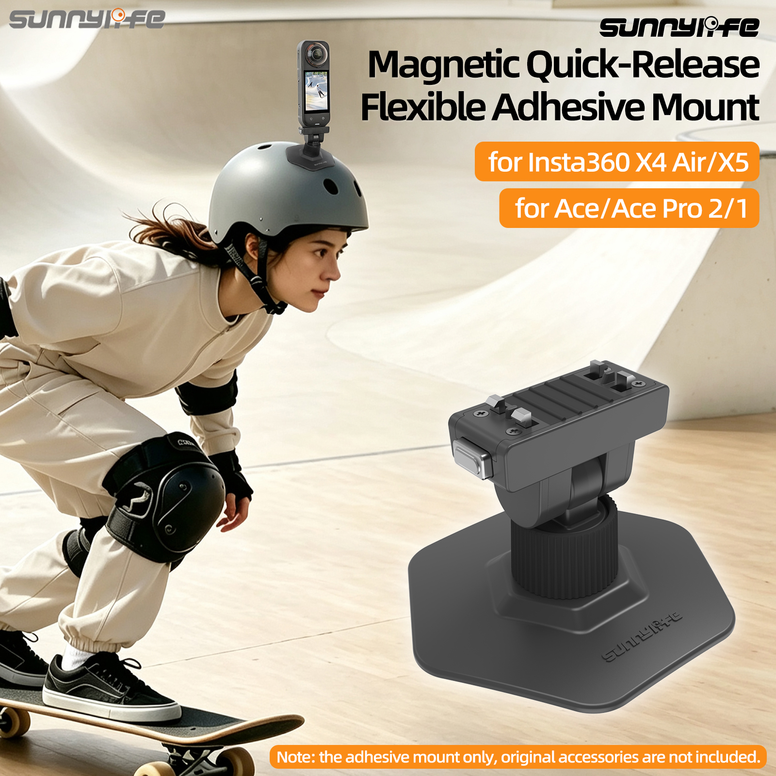 Sunnylife Magnetic Flexible Adhesive Helmet Mount Base Quick-Release Action Camera Holder for Insta360 X4 Air/X5/Ace/Ace Pro 2/1