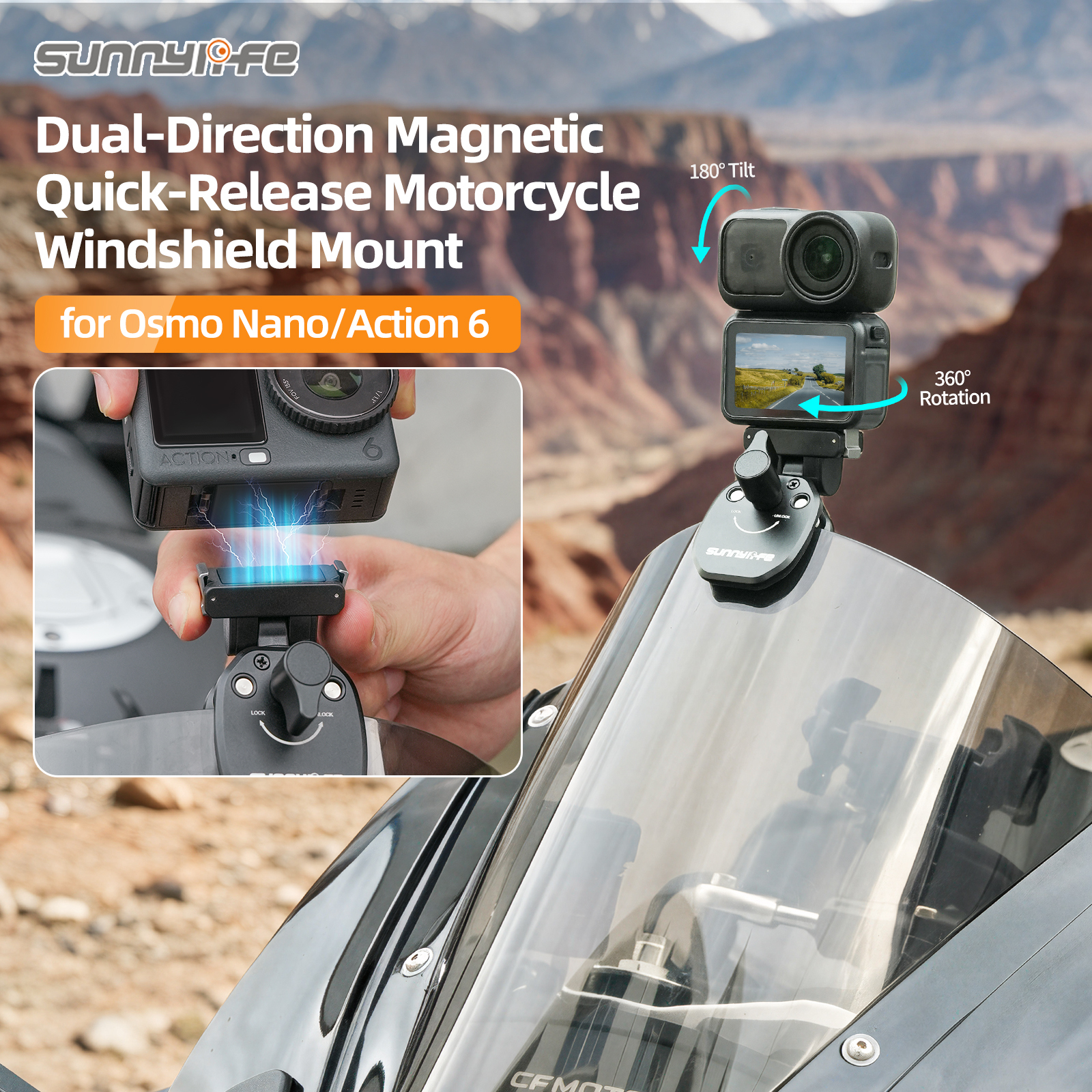 Sunnylife Magnetic Quick-Release Motorcycle Windshield Mount Series Windscreen Clamp Action Camera Aluminum Alloy Mount Motorbike