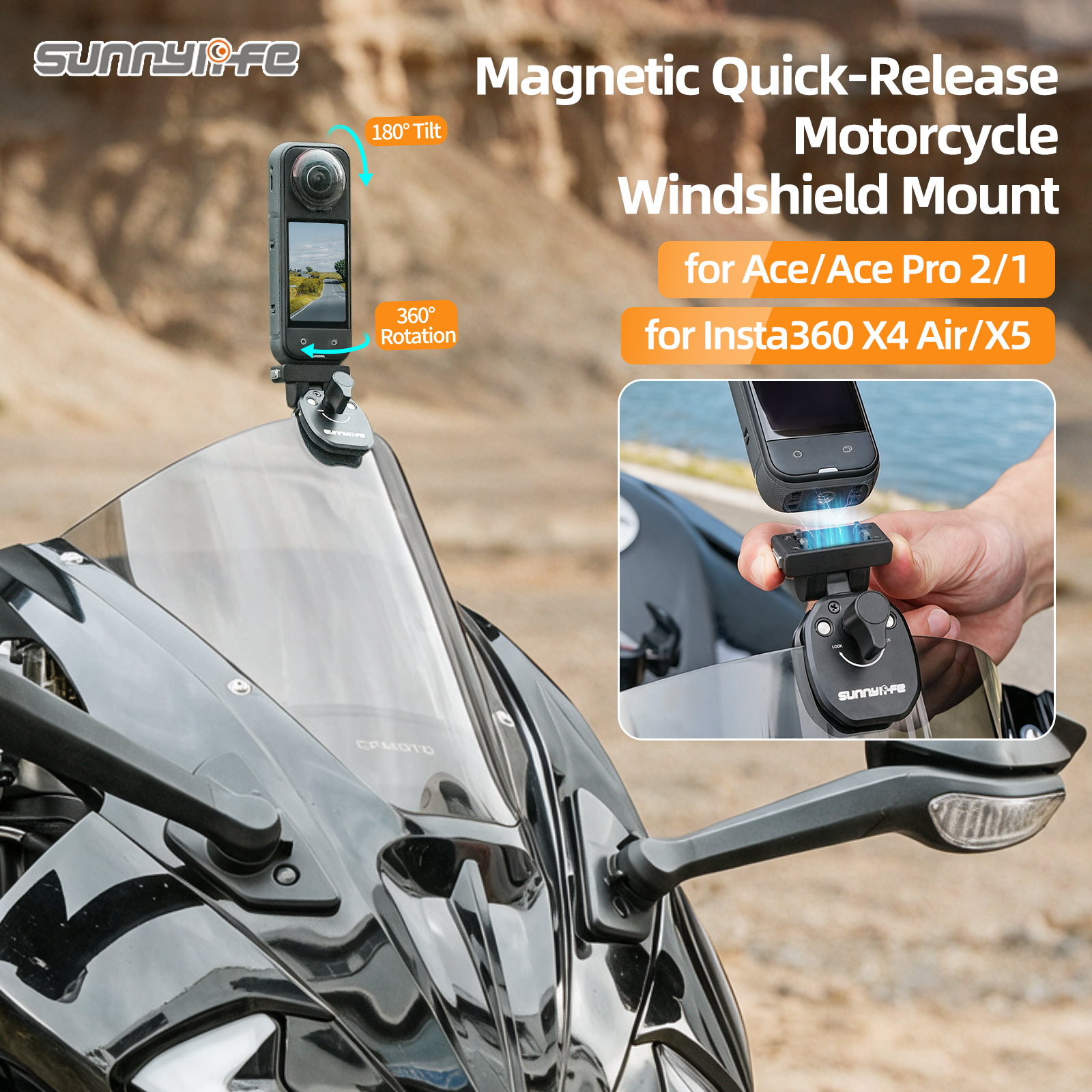 Sunnylife Magnetic Quick-Release Motorcycle Windshield Mount Series Windscreen Clamp Action Camera Aluminum Alloy Mount Motorbike
