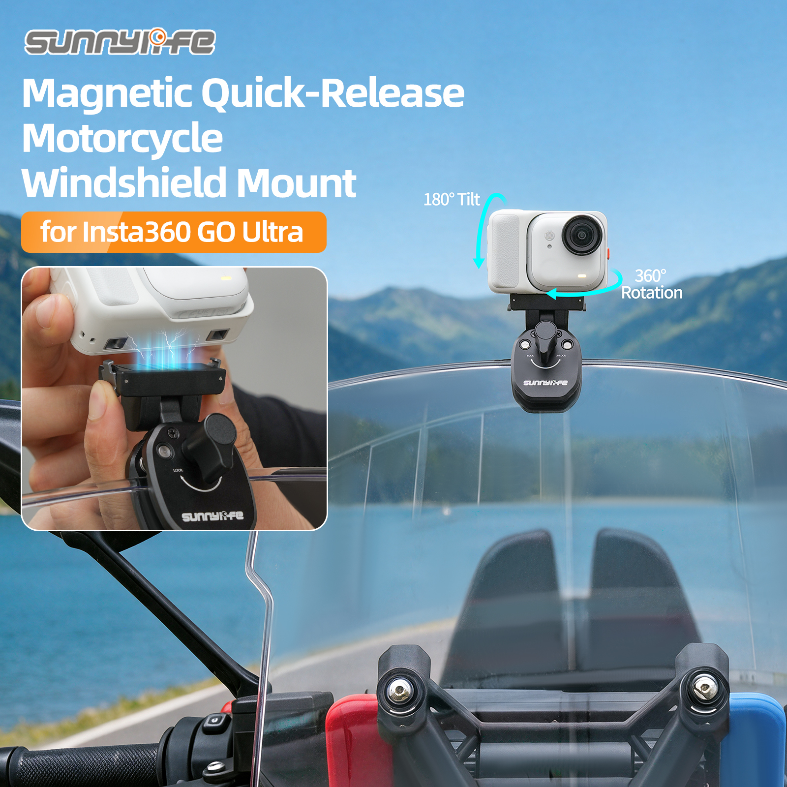 Sunnylife Magnetic Quick-Release Motorcycle Windshield Mount Series Windscreen Clamp Action Camera Aluminum Alloy Mount Motorbike