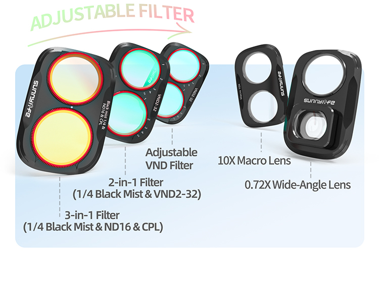 Sunnylife Magnetic Lens Filters Macro Lens Wide-Angle Lens Adjustable VND 1/4 Black MIST&ND16&CPL Filters for Osmo Pocket 4P