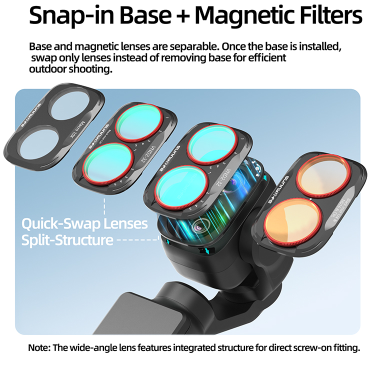 Sunnylife Magnetic Lens Filters Macro Lens Wide-Angle Lens Adjustable VND 1/4 Black MIST&ND16&CPL Filters for Osmo Pocket 4P