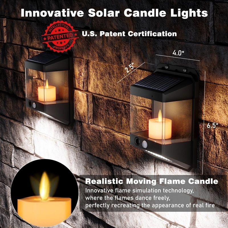 2 Lighting Modes Solar Motion Sensor Outdoor Lights with Candles Solar Powered Wall Fence Lights for Front Patio Yard Garden