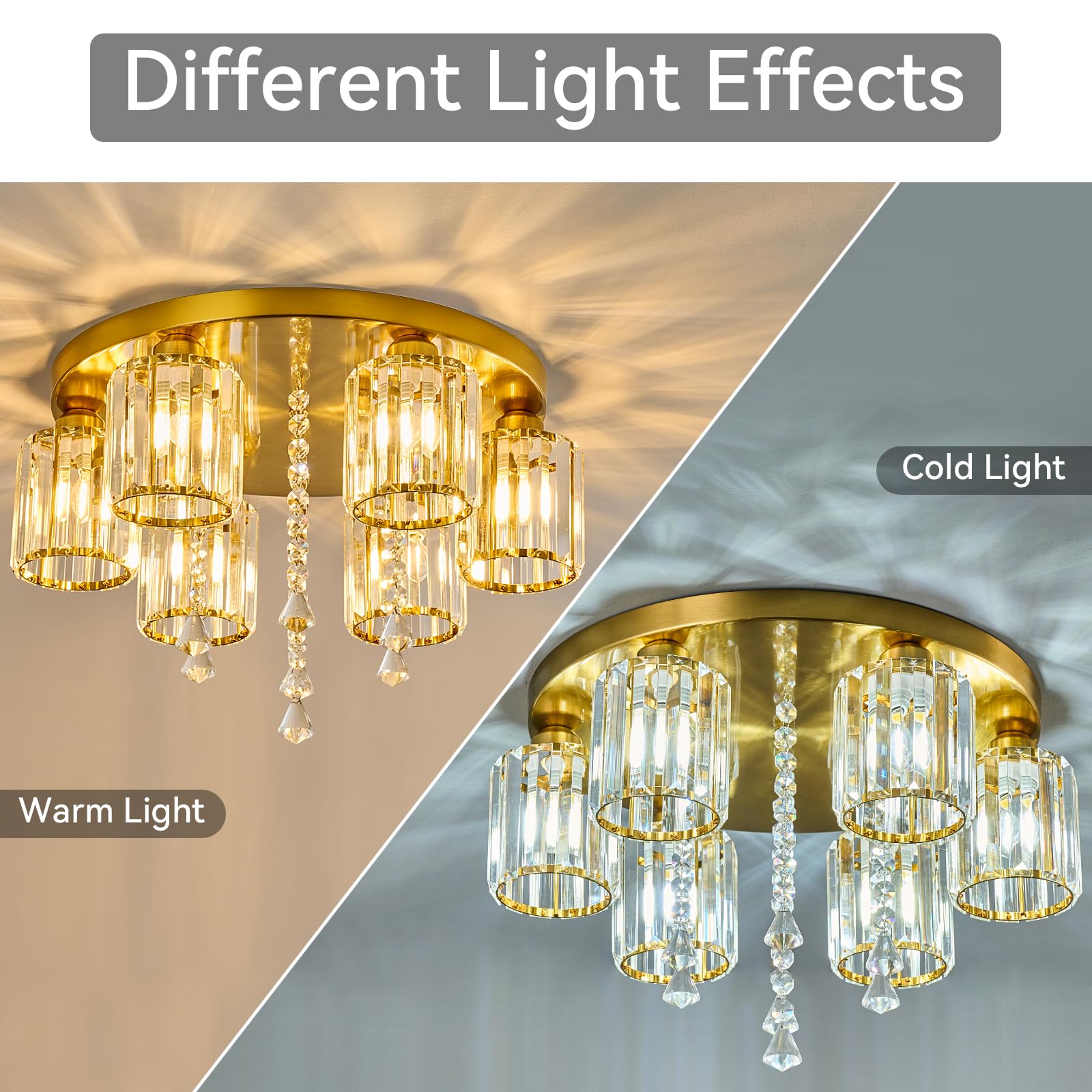Semi Flush Mount Chandelier Ceiling Light Gold Crystal Modern Light Fixture bedroom Bathroom Foyer Flush Mount Ceiling Light