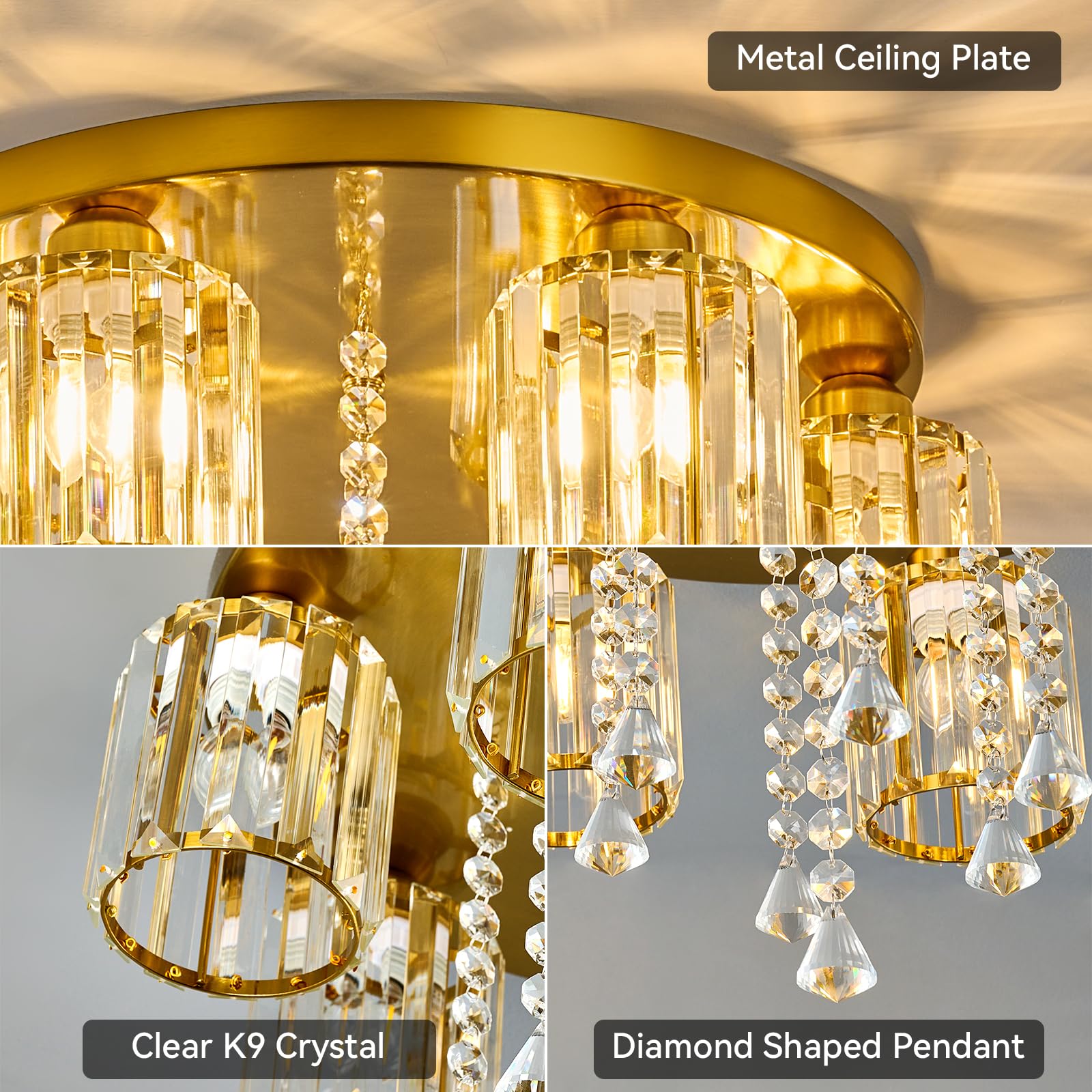 Semi Flush Mount Chandelier Ceiling Light Gold Crystal Modern Light Fixture bedroom Bathroom Foyer Flush Mount Ceiling Light
