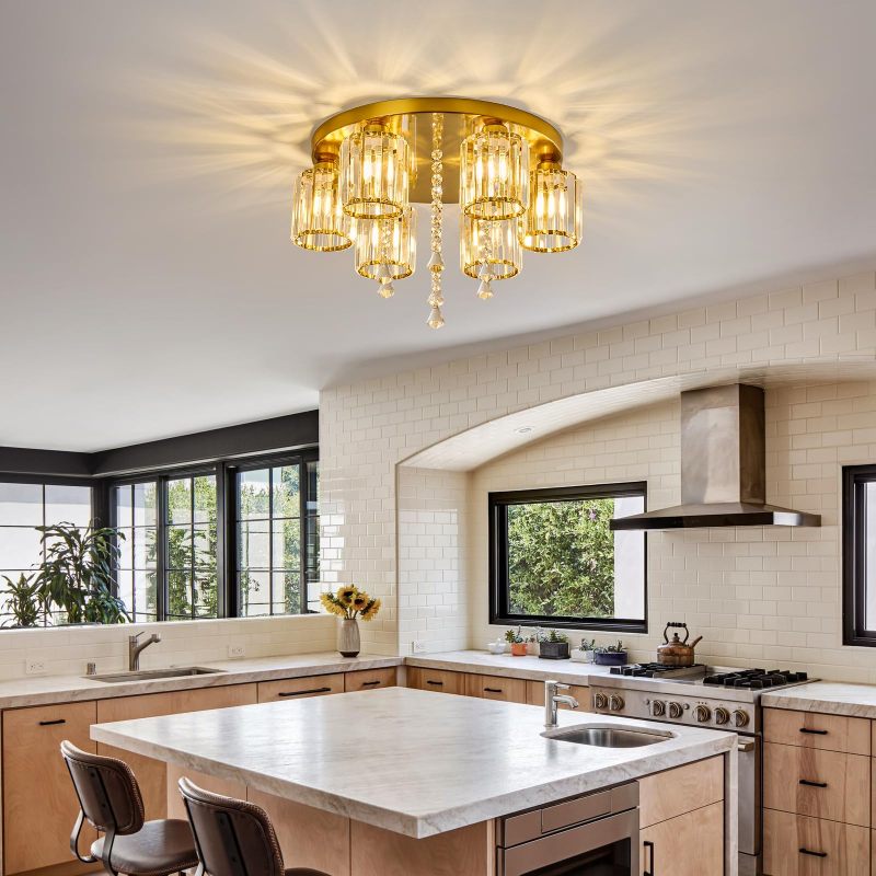 Semi Flush Mount Chandelier Ceiling Light Gold Crystal Modern Light Fixture bedroom Bathroom Foyer Flush Mount Ceiling Light