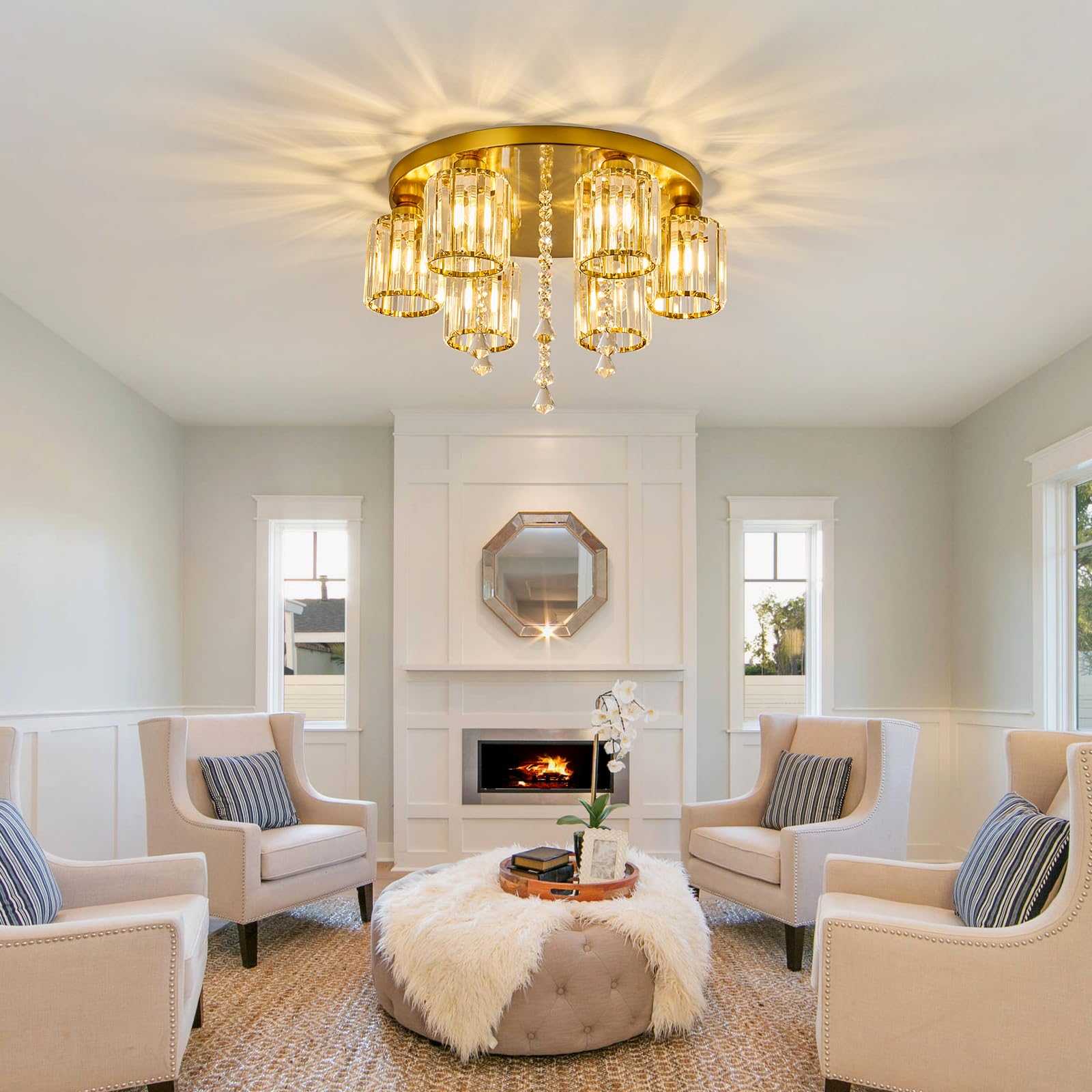Semi Flush Mount Chandelier Ceiling Light Gold Crystal Modern Light Fixture bedroom Bathroom Foyer Flush Mount Ceiling Light