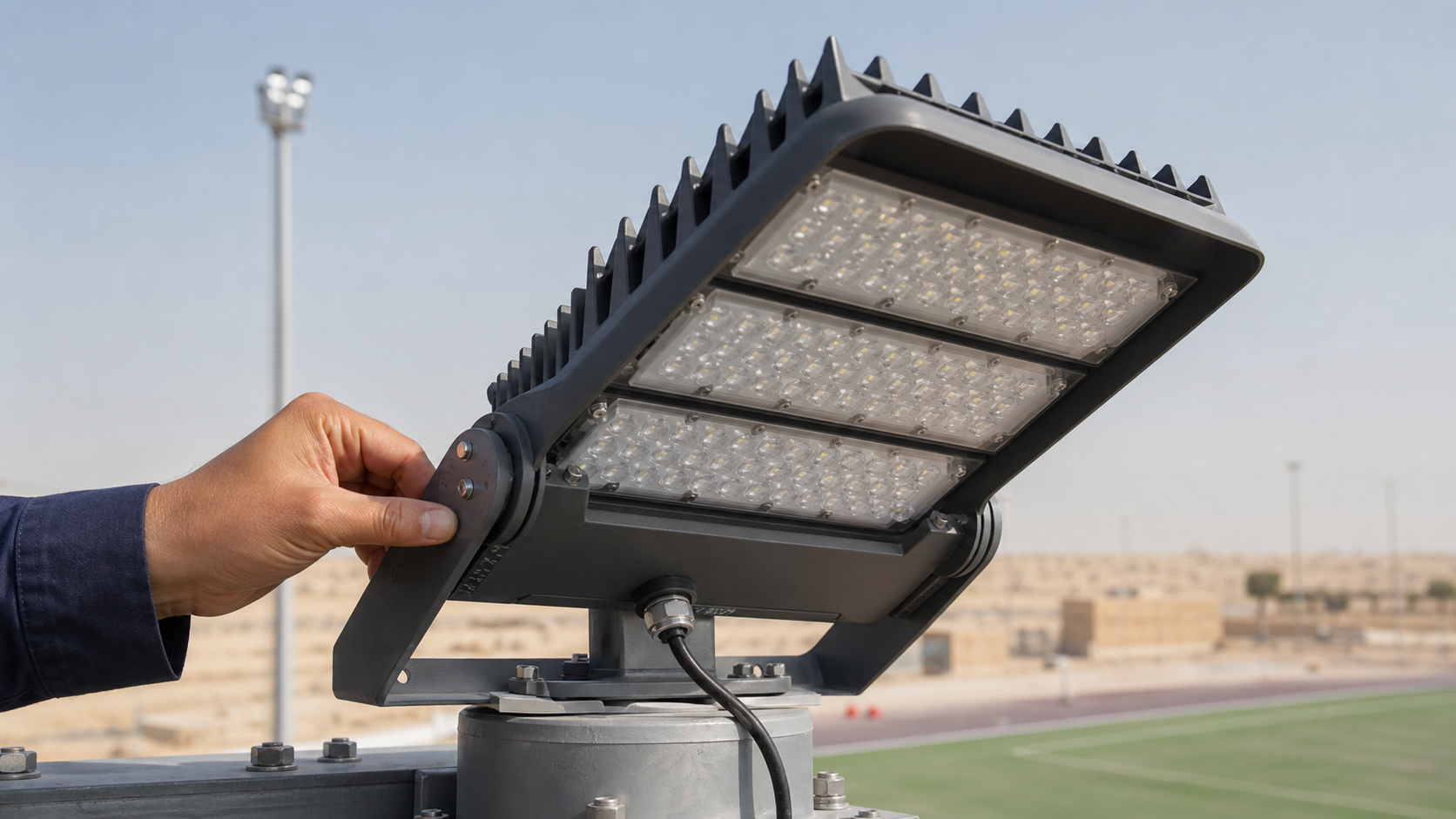Outdoor LED sports lighting fixture with anti-glare visor heat sink and adjustable bracket