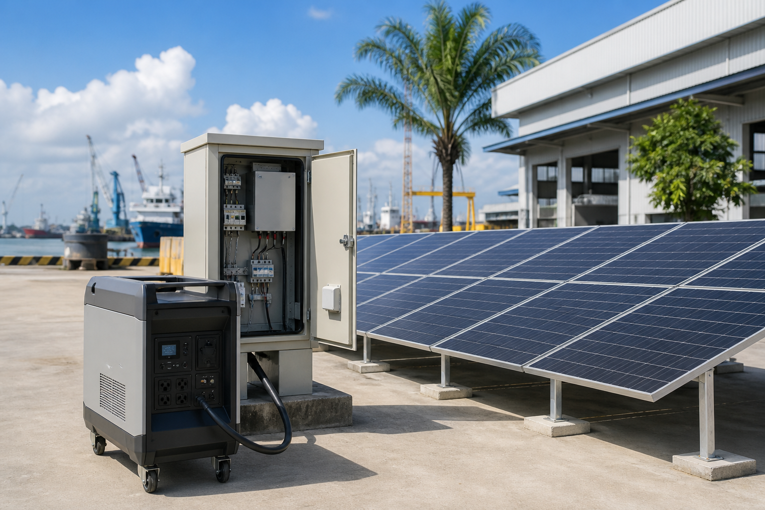 Solar energy system with solar panels and power station for commercial projects
