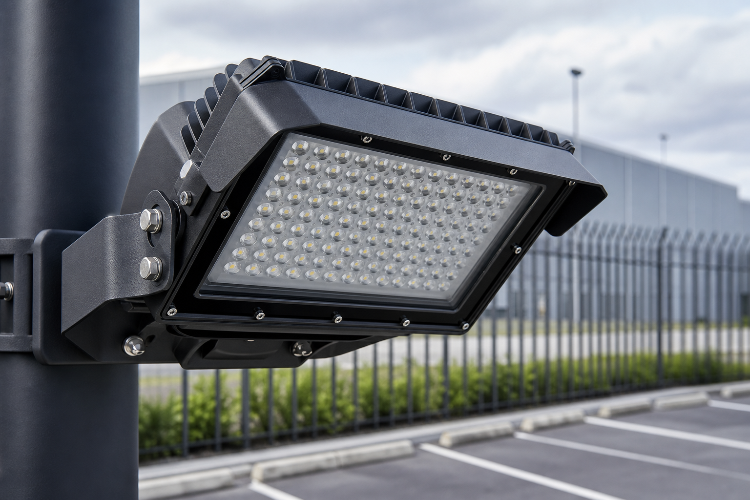 LED flood lights for parking lots and perimeter security at a logistics facility
