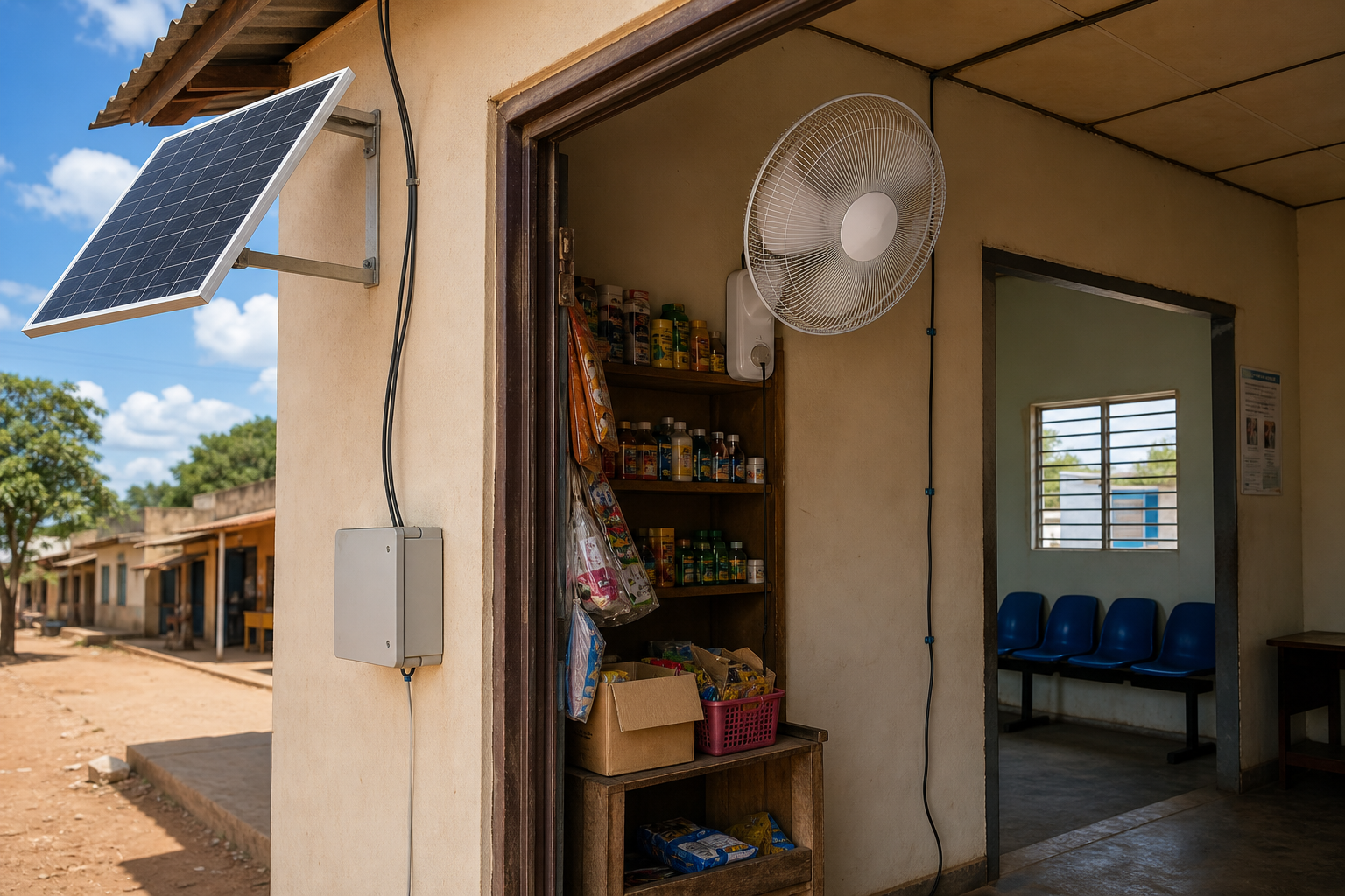 Solar fan Africa market off-grid shop and clinic cooling application