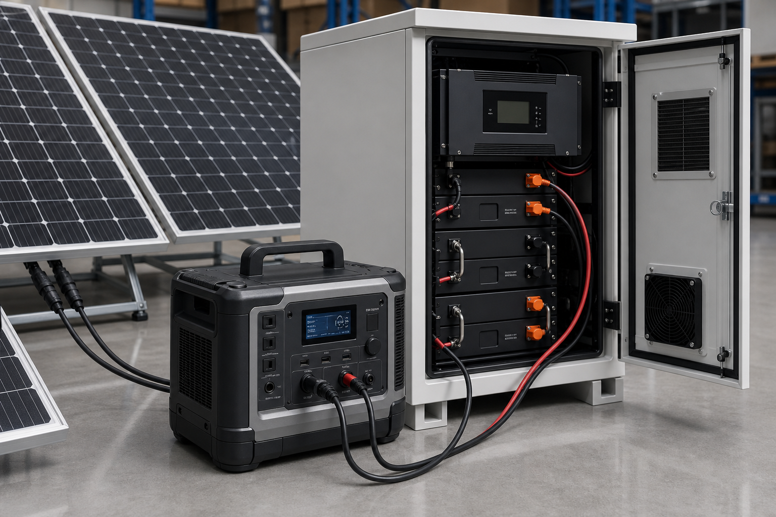 Solar panel power station and battery storage connection detail