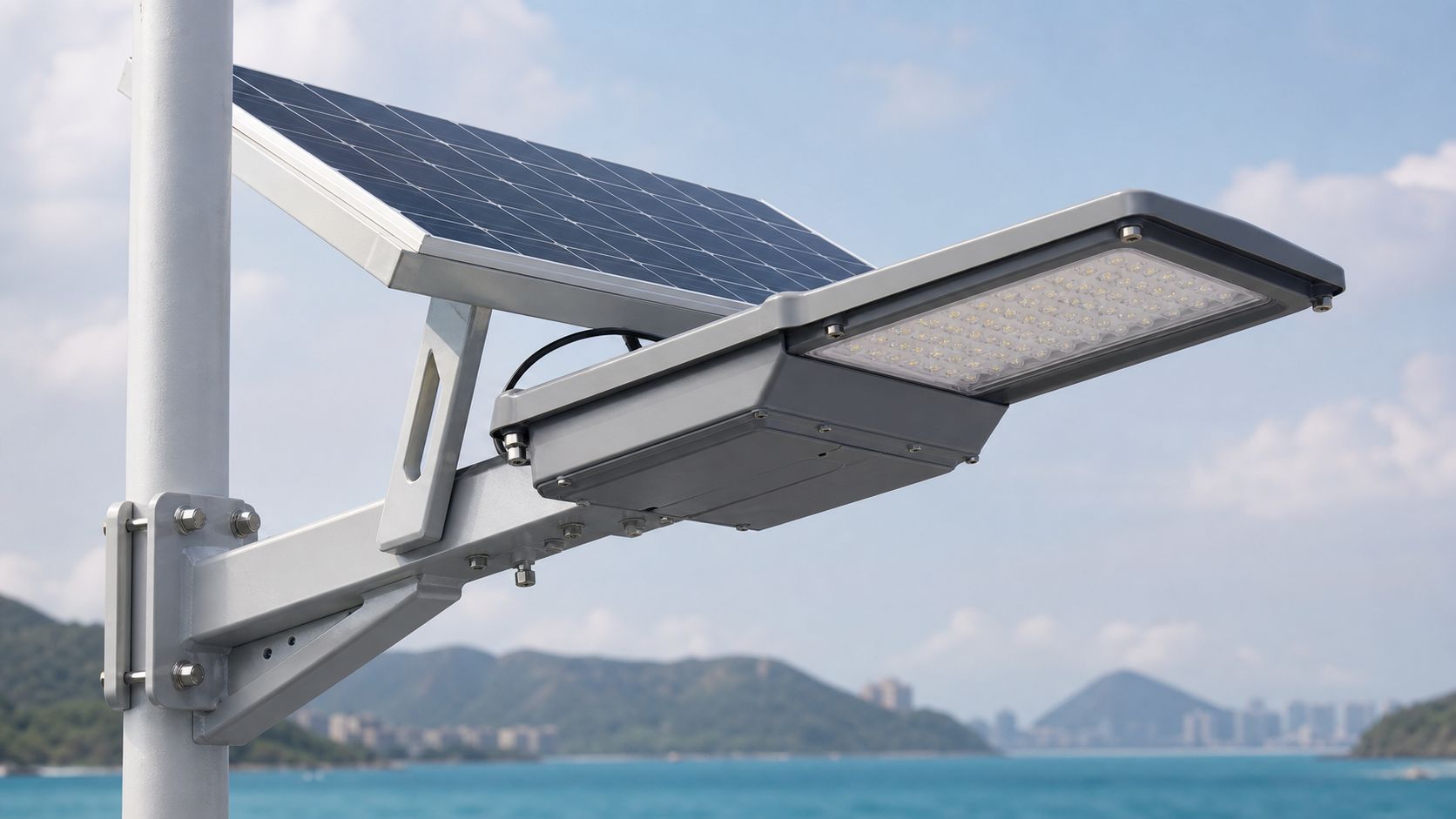 Solar LED street light Philippines coastal road project at dusk