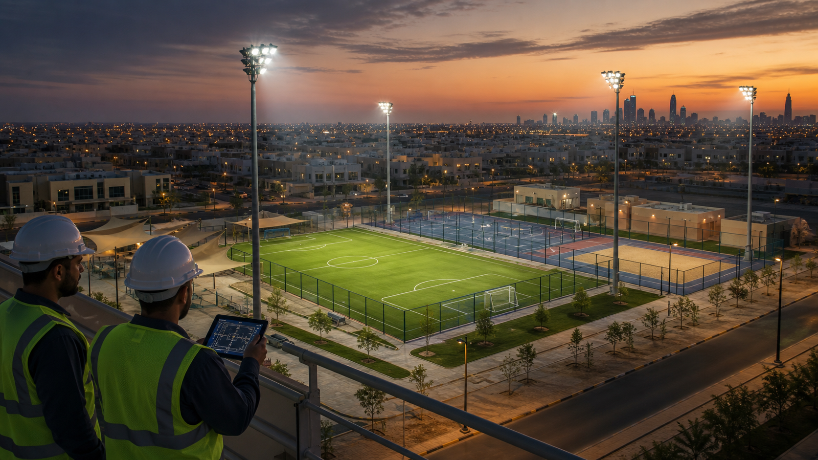 Outdoor LED sports lighting for a Middle East football and multi-sport court at dusk