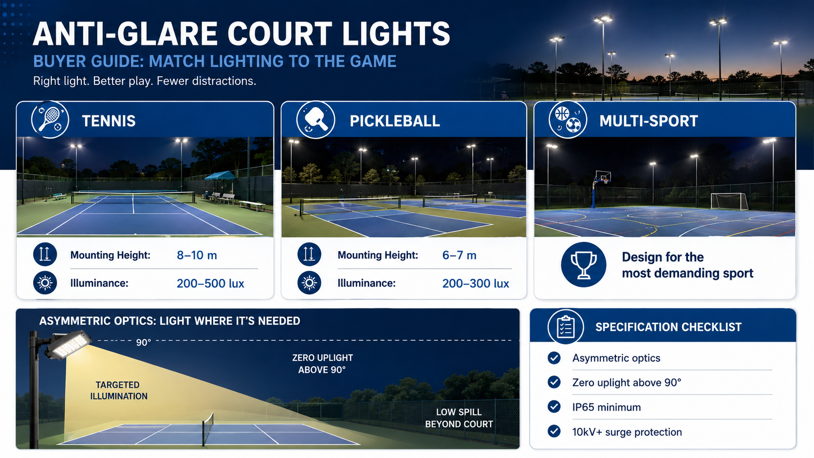 Anti glare court light installation on a tennis and pickleball court at dusk