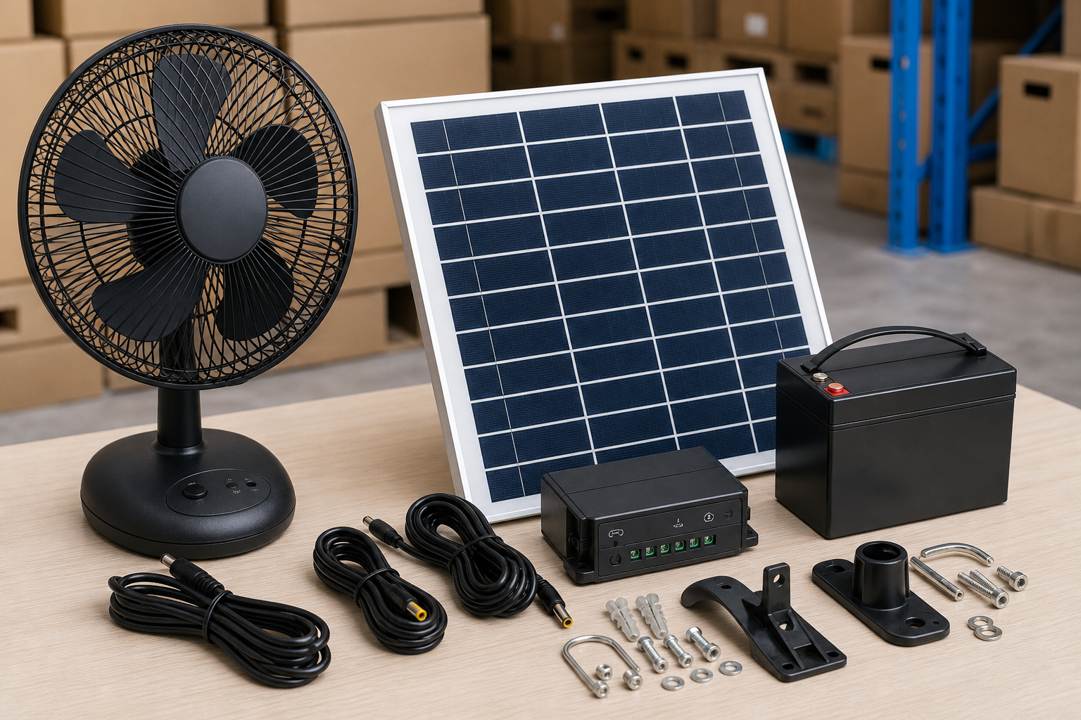 Solar fan kit with solar panel battery controller and cables for African distributors