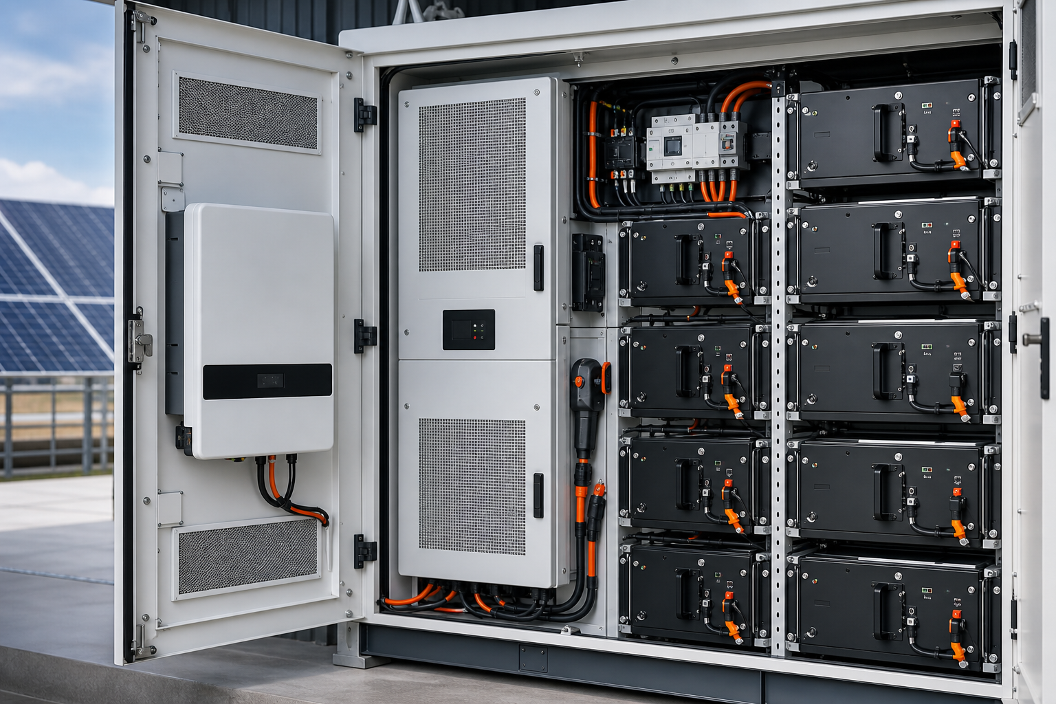 Commercial solar energy storage system with PV panels and outdoor battery cabinets