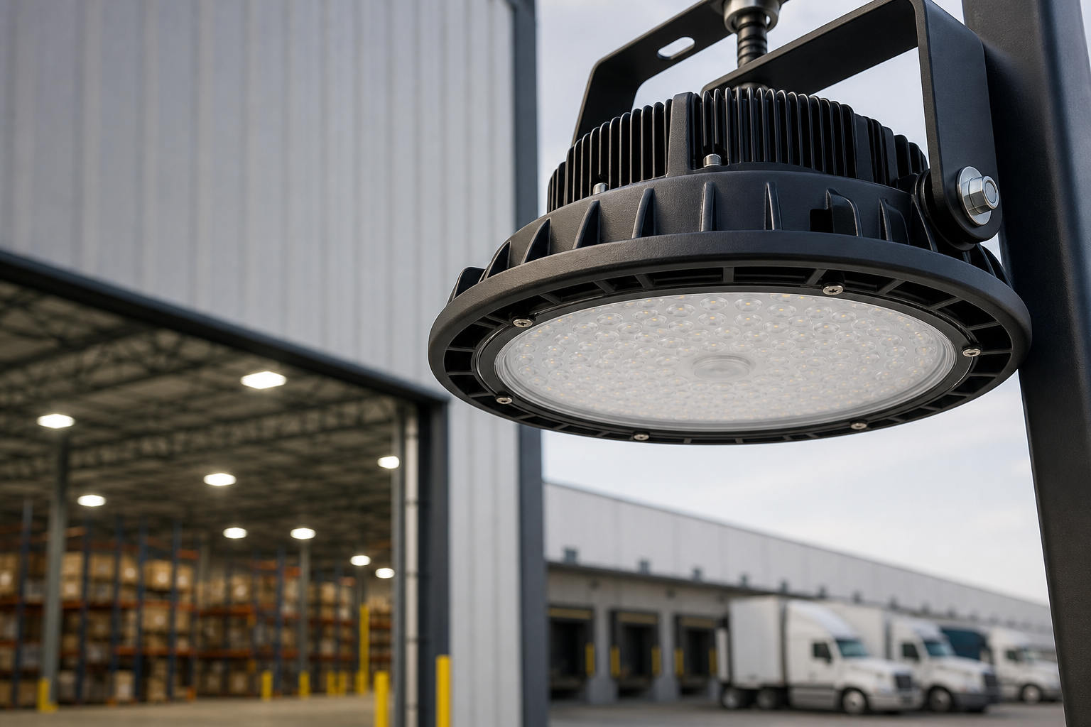 Factory direct LED lighting fixture detail for warehouse and yard applications