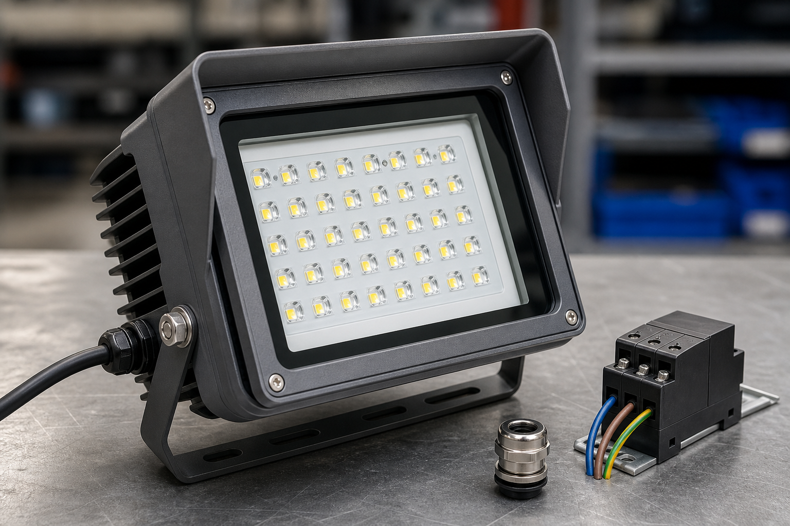 LED flood light fixture with IP65 housing anti-glare visor and adjustable bracket