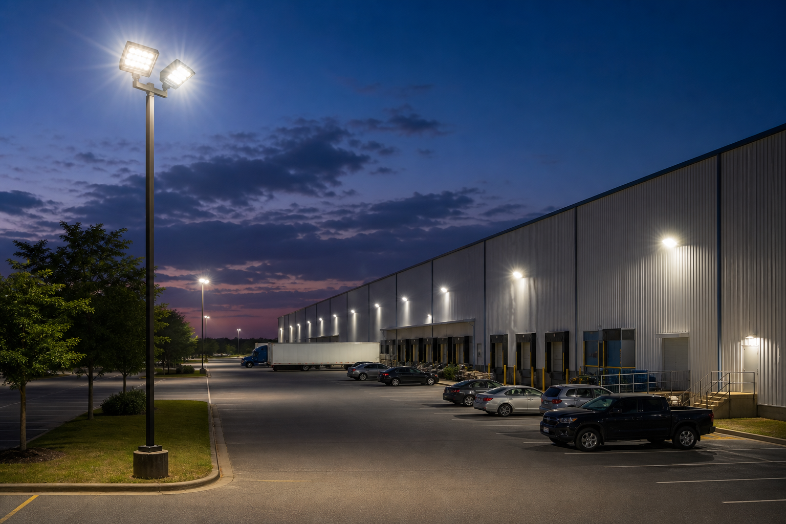 LED flood lights for parking lots and warehouse perimeter security lighting