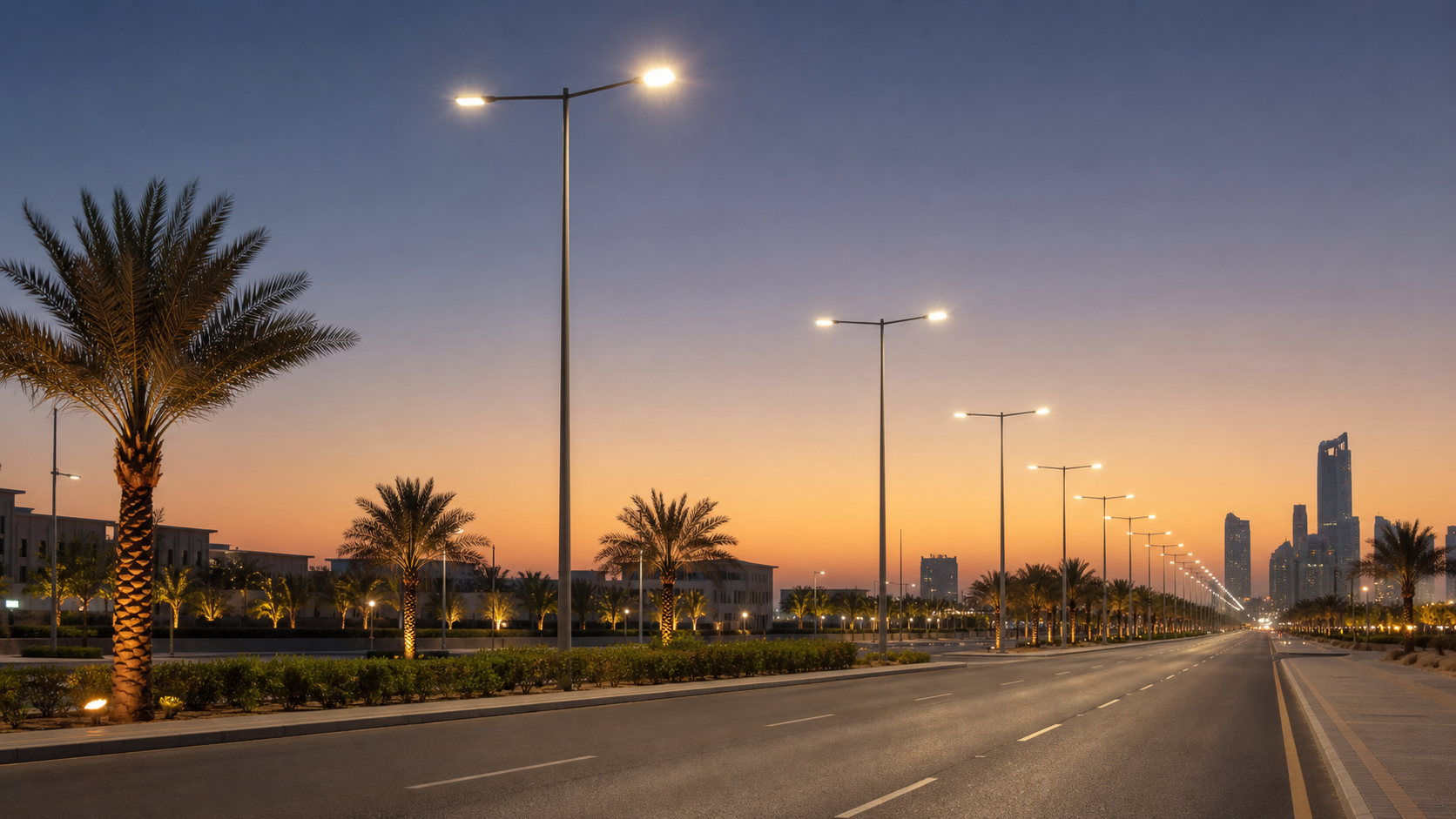 LED street light Middle East municipal road project at dusk