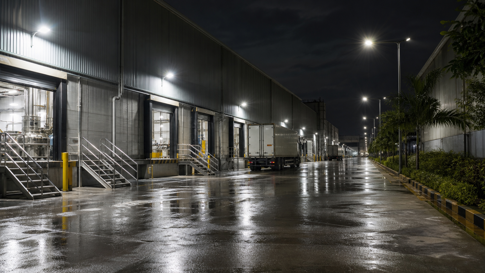 IP66 LED flood lights illuminating a Southeast Asian food processing plant yard