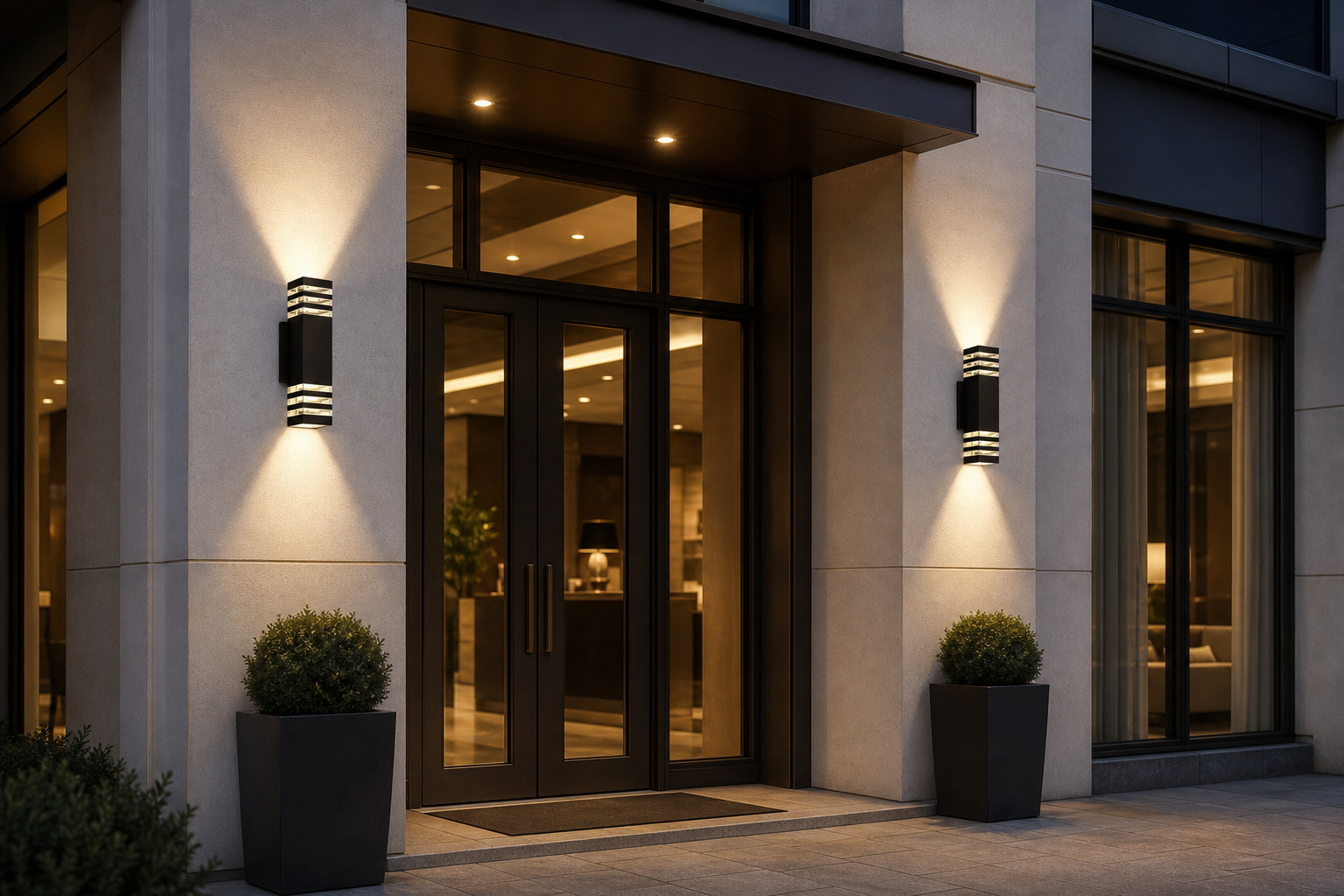 Pair of GU10 E27 exterior wall lights beside a hotel entrance