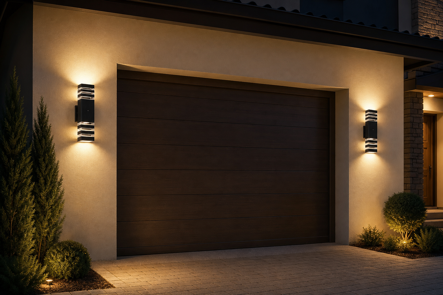 Dusk-to-dawn sensor wall lights installed beside a residential garage