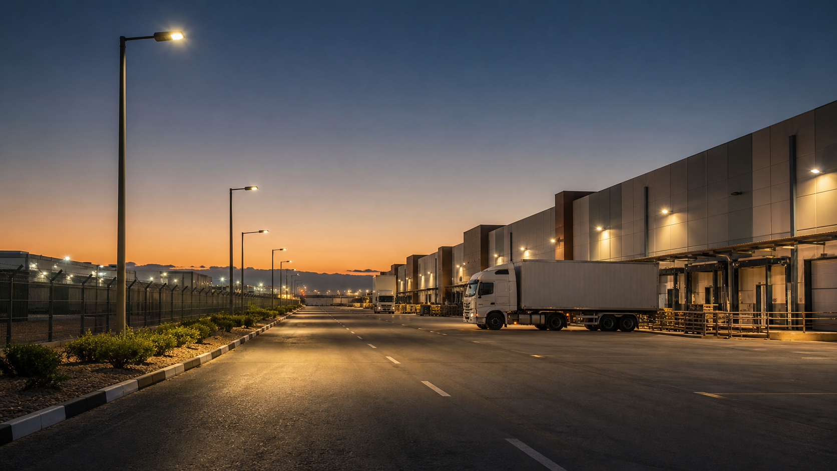 Factory direct LED lighting for a UAE or Saudi industrial park service road
