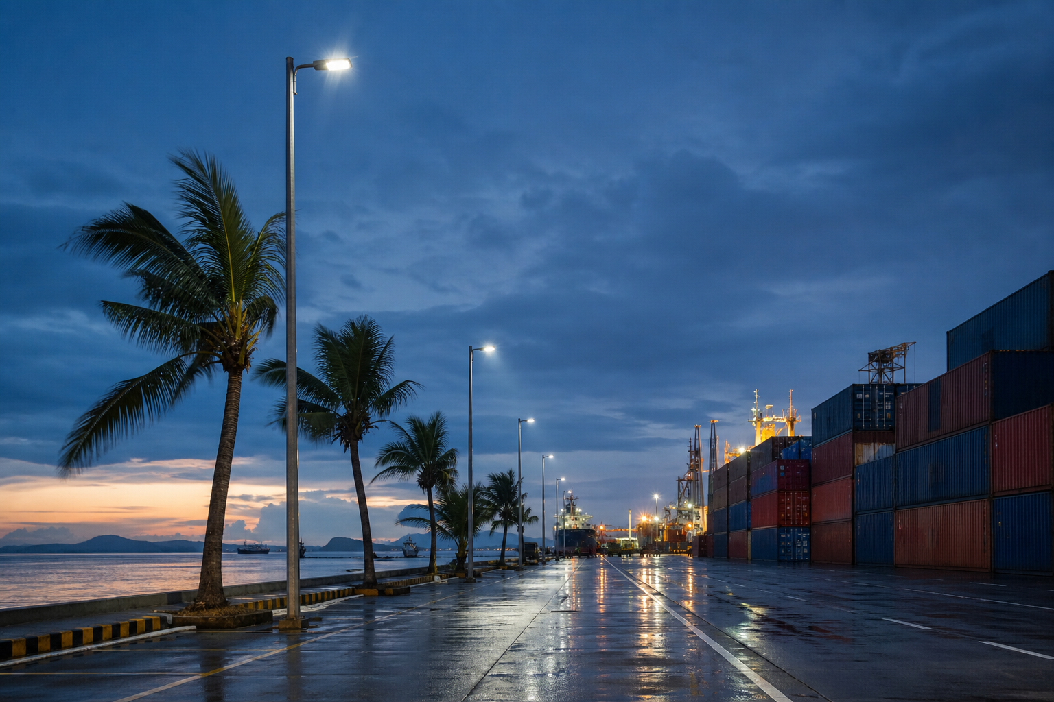 IP65 waterproof outdoor lights illuminating a Philippine coastal port service road