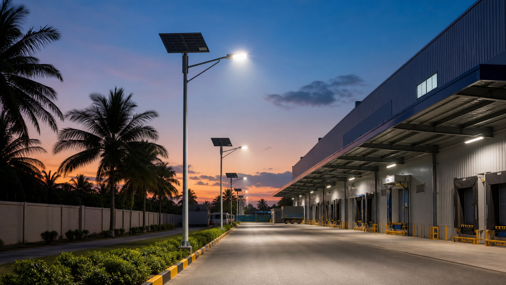 Solar street lights for a Philippine warehouse and factory access road