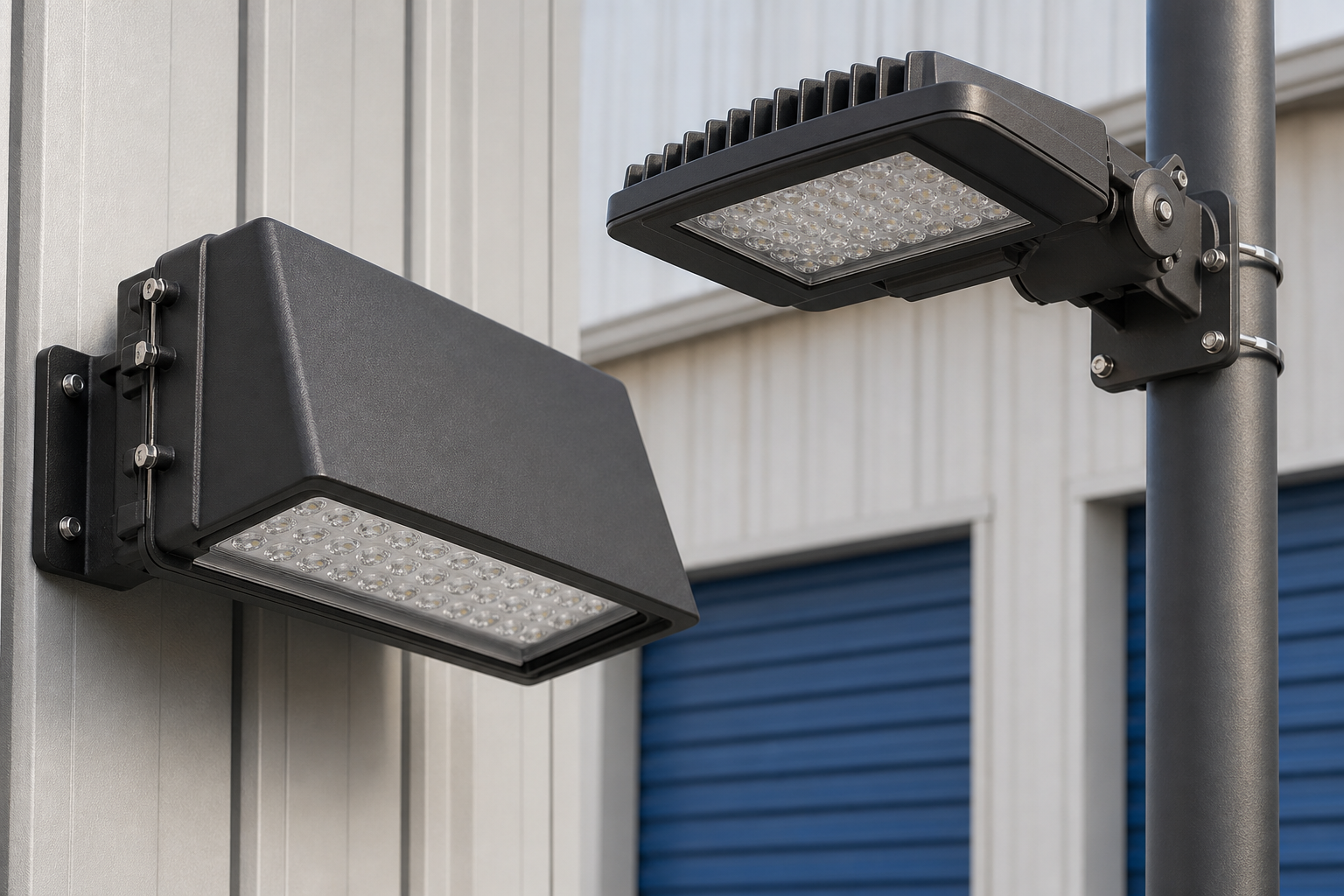 Shielded outdoor LED wall pack and area light for self-storage facilities
